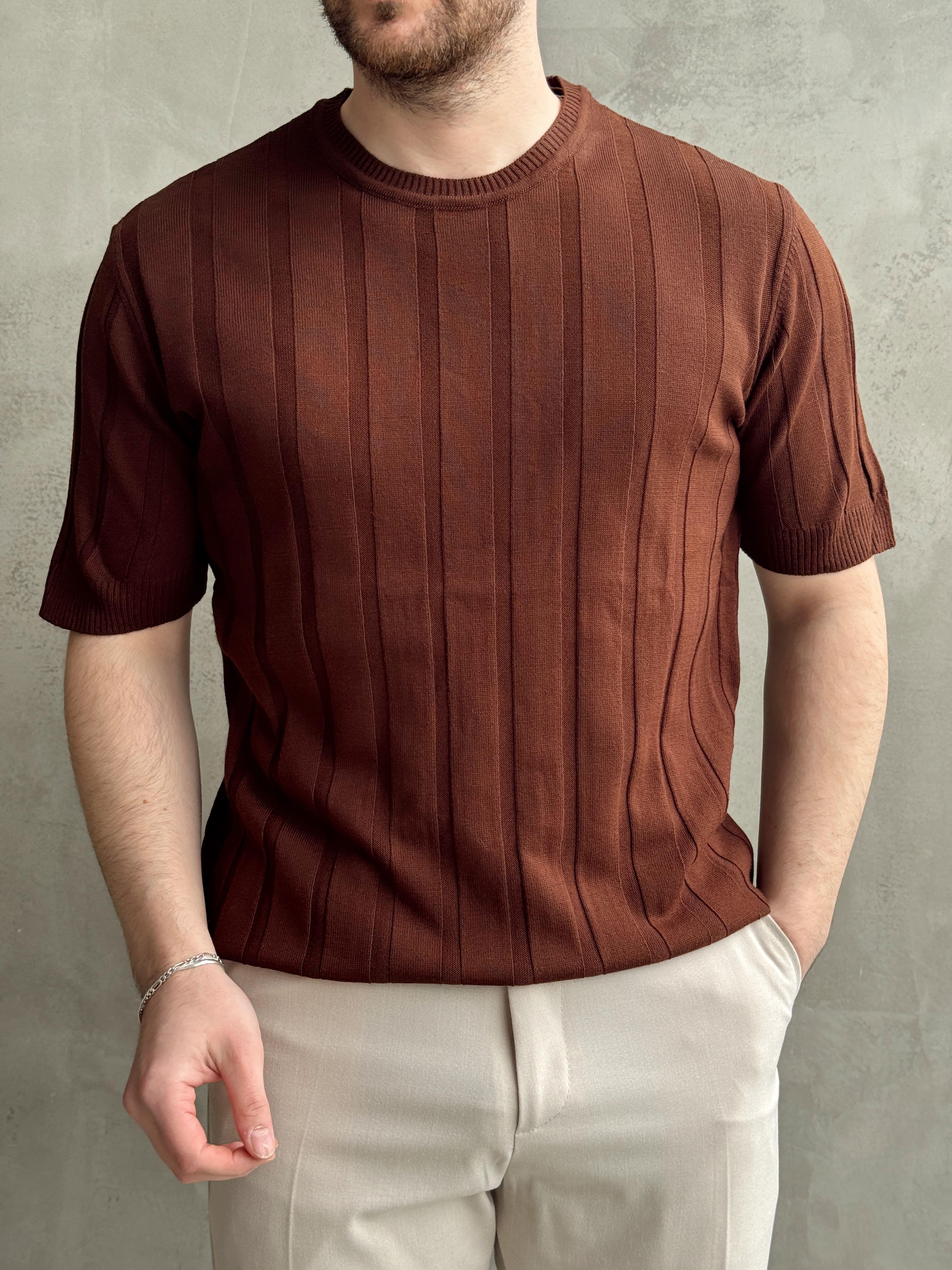 Erkek Yüksek Kalite Bisiklet Yaka Şerit Detaylı Oversize Kalıp Triko T-Shirt-Kahverengi(E1613)