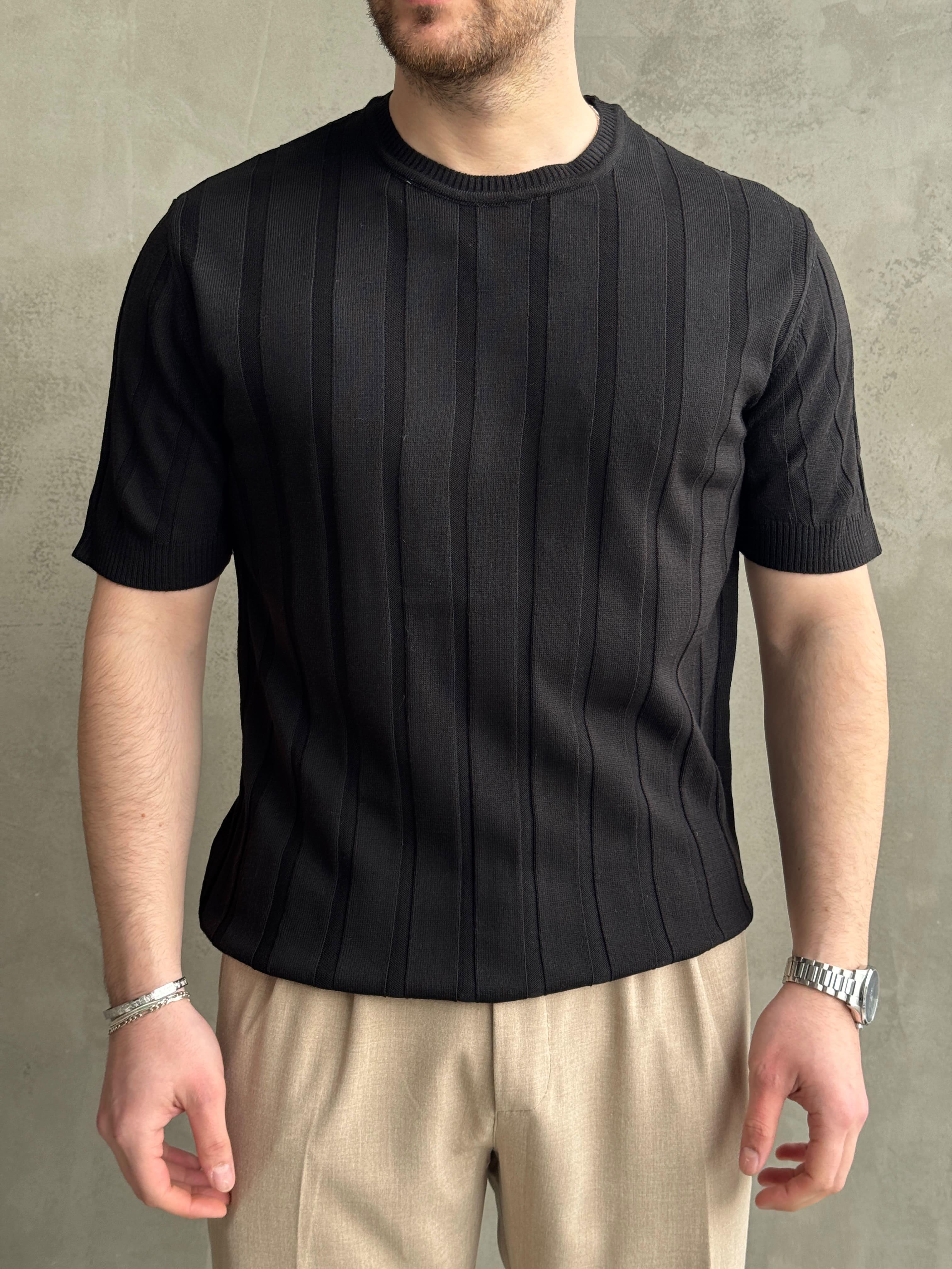 Erkek Yüksek Kalite Bisiklet Yaka Şerit Detaylı Oversize Kalıp Triko T-Shirt-Siyah(E1613)