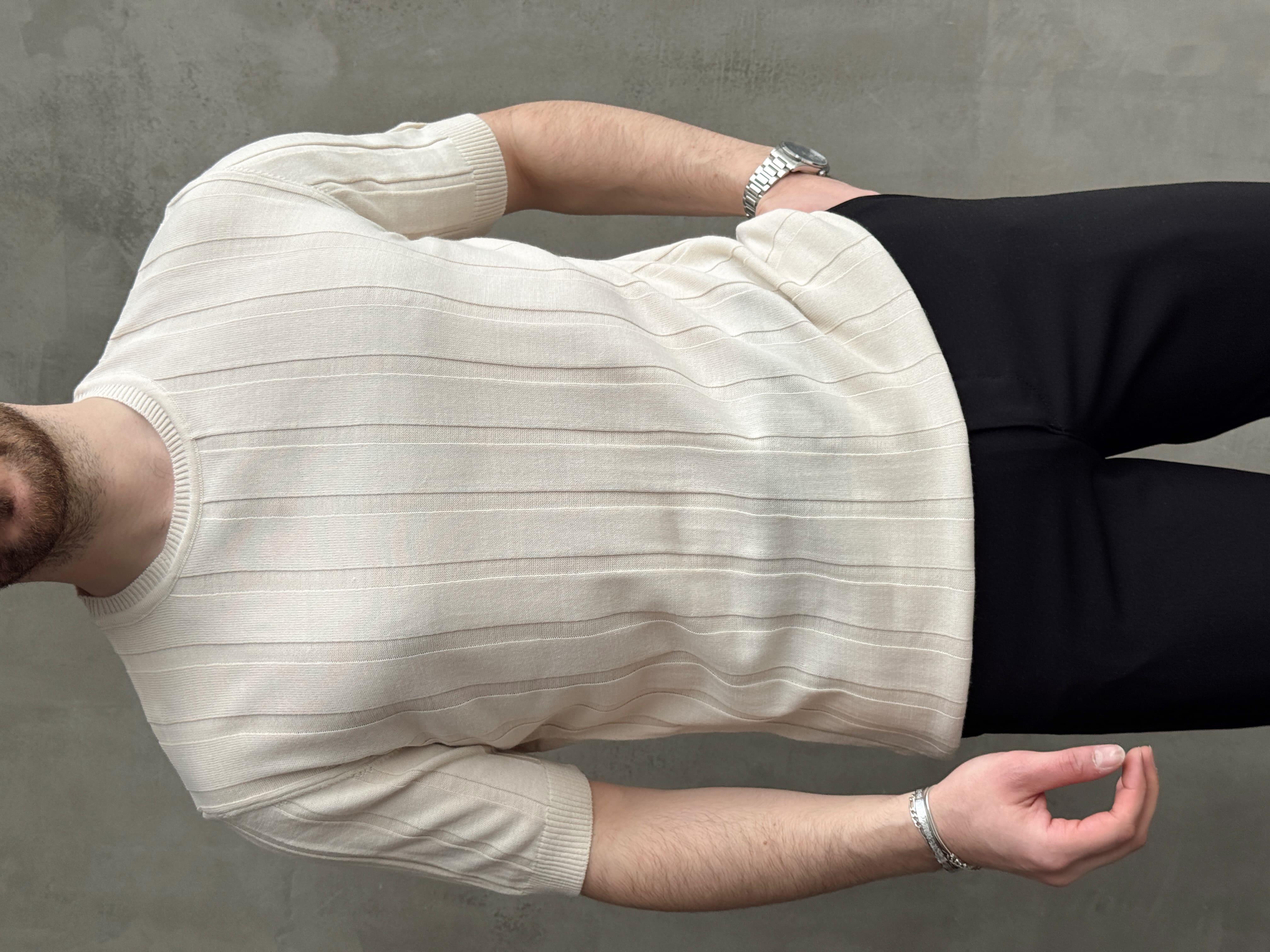 Erkek Yüksek Kalite Bisiklet Yaka Şerit Detaylı Oversize Kalıp Triko T-Shirt-Bej(E1613)