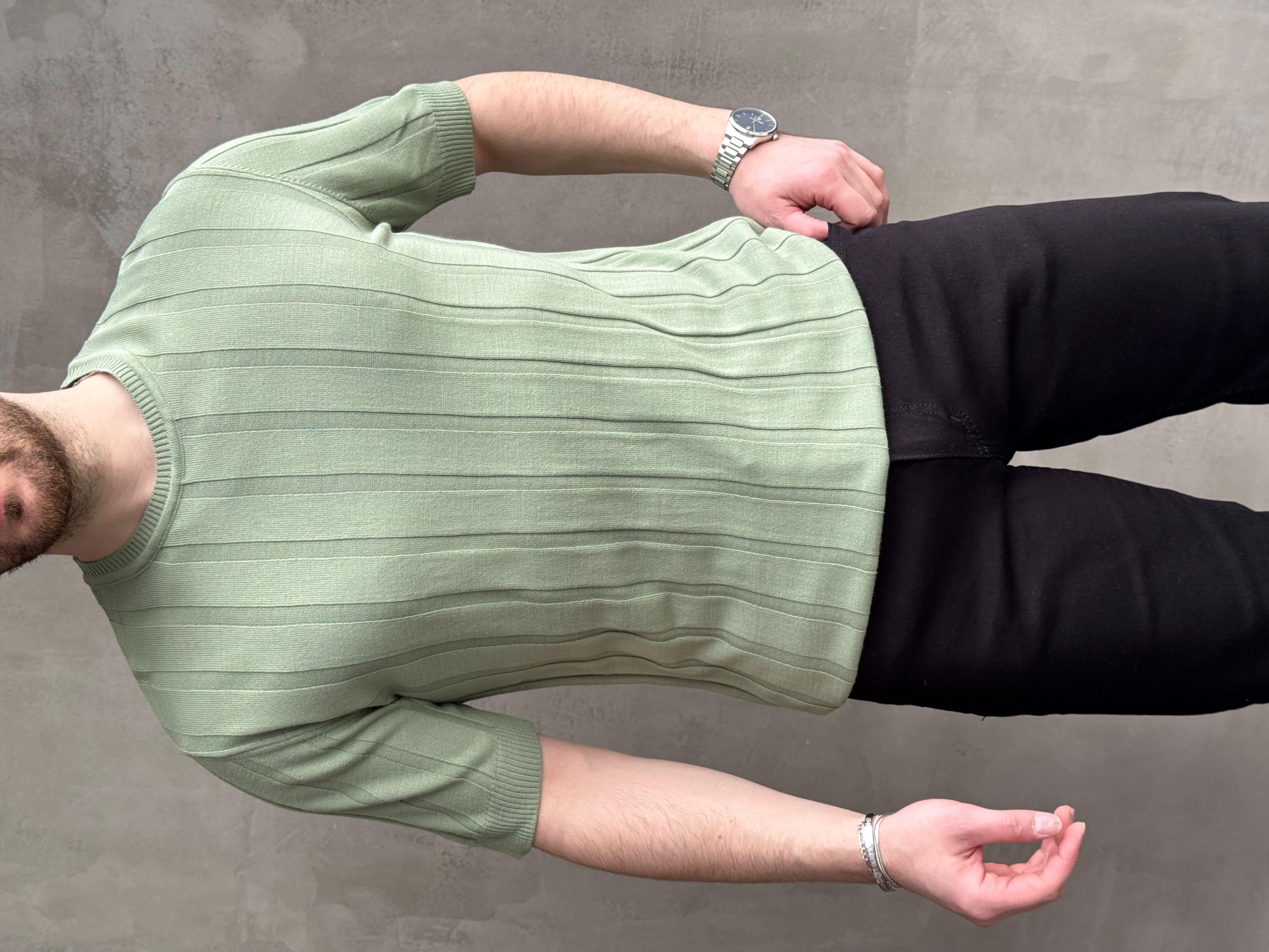 Erkek Yüksek Kalite Bisiklet Yaka Şerit Detaylı Oversize Kalıp Triko T-Shirt-Mint(E1613)