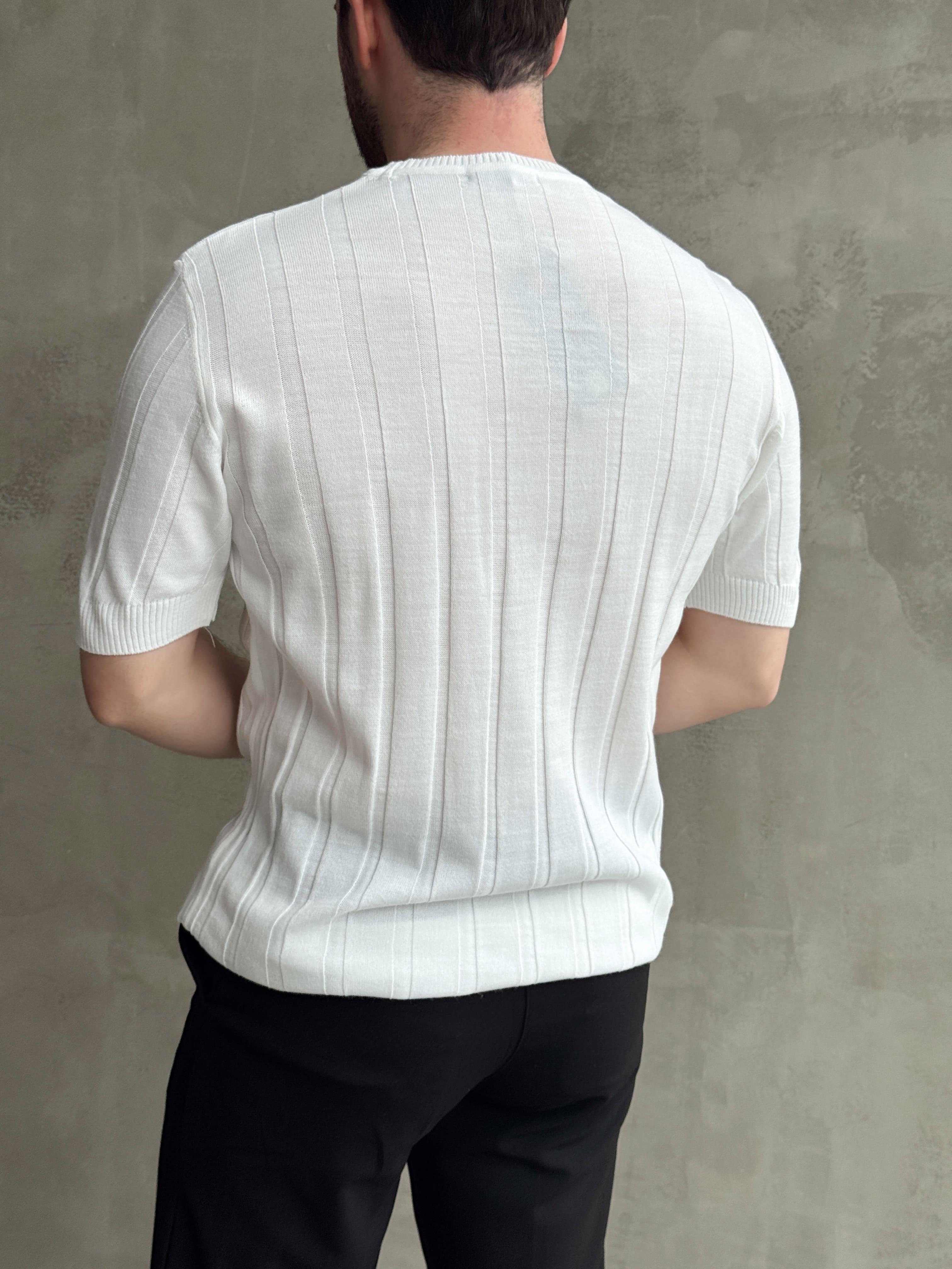 Erkek Yüksek Kalite Bisiklet Yaka Şerit Detaylı Oversize Kalıp Triko T-Shirt-Beyaz(E1613)