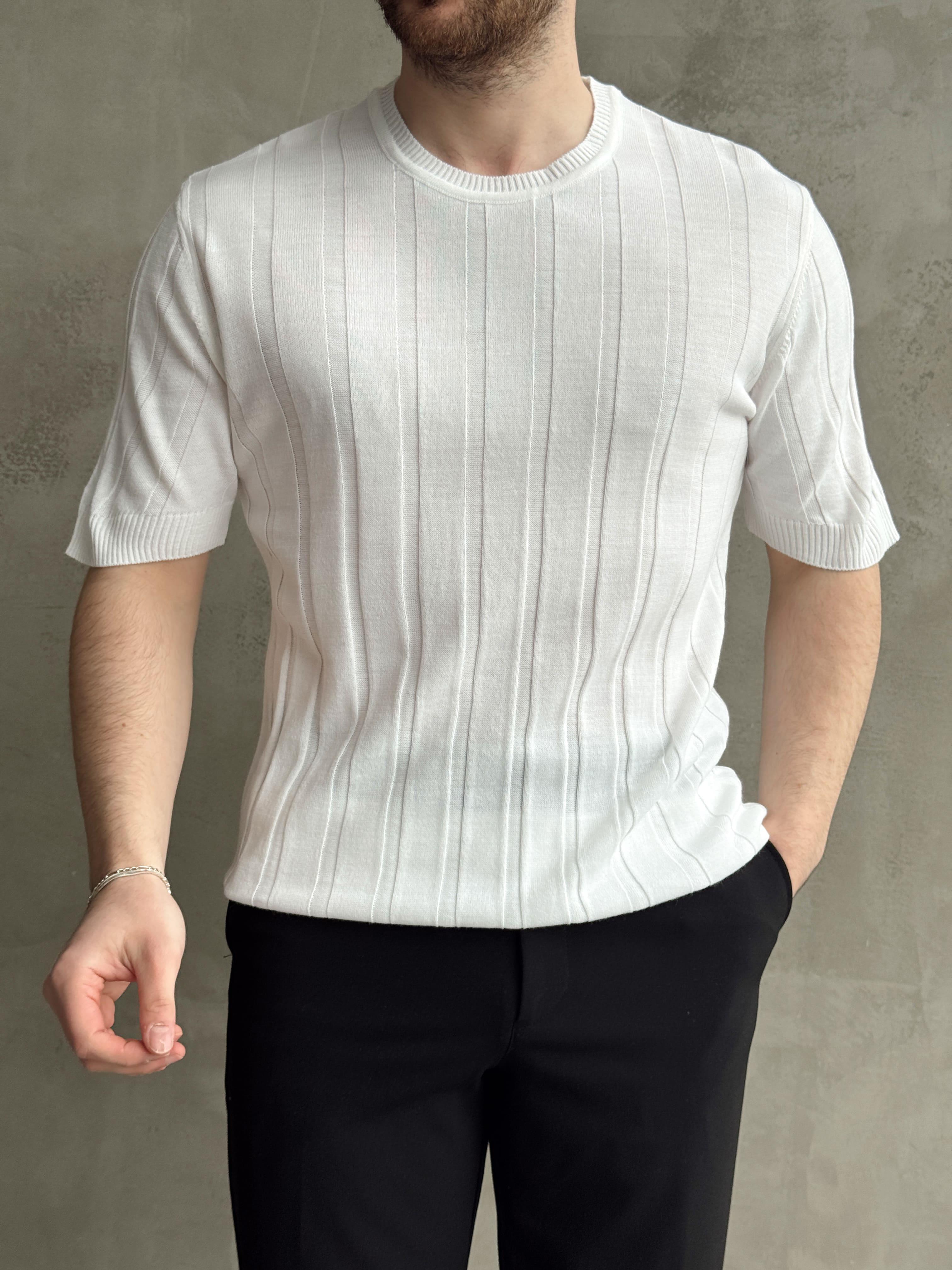 Erkek Yüksek Kalite Bisiklet Yaka Şerit Detaylı Oversize Kalıp Triko T-Shirt-Beyaz(E1613)