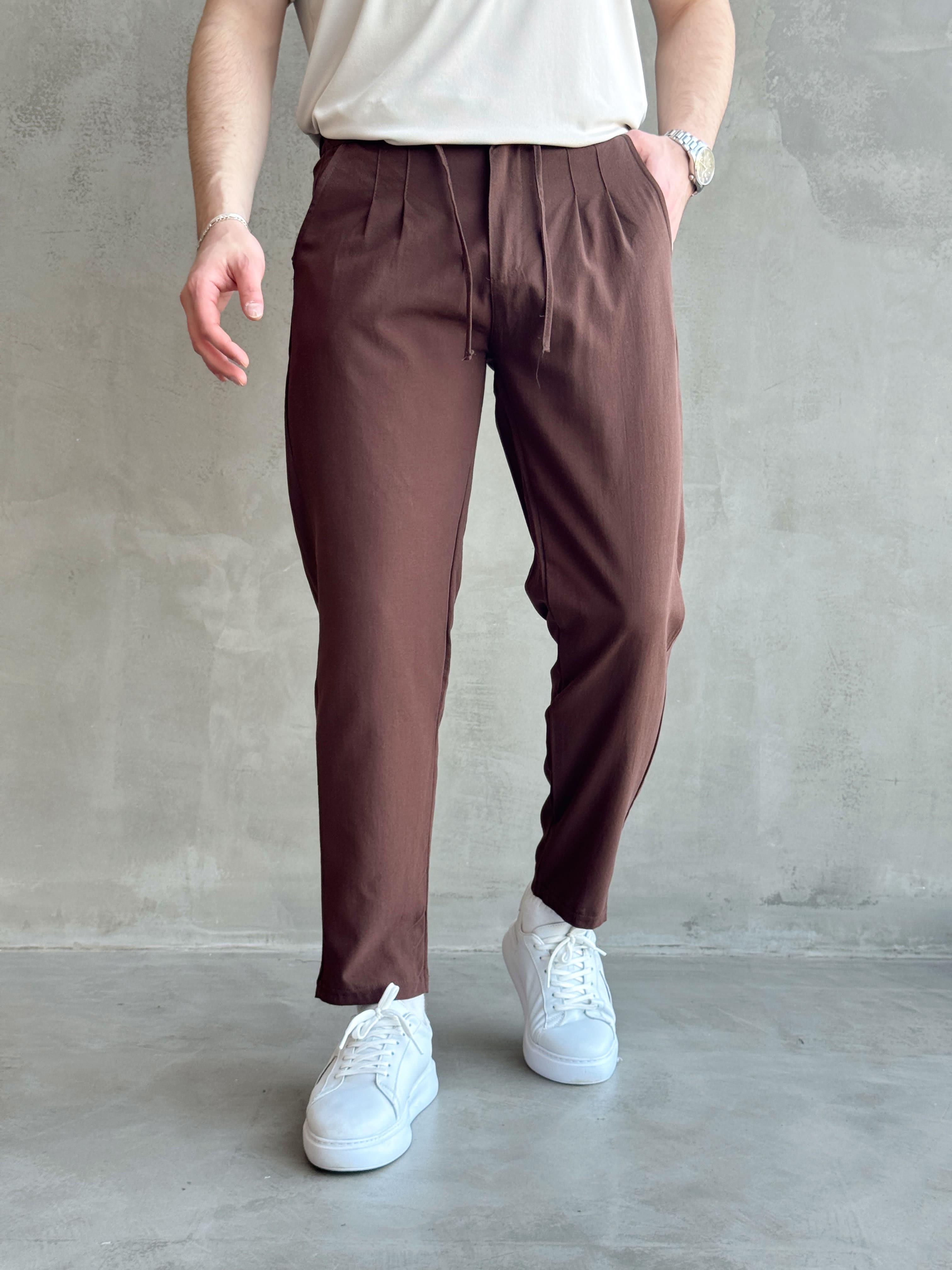 Erkek Yüksek Kalite Boyfriend Kalıp Beli Lastikli Bağcık Detaylı Keten Pantolon-Kahverengi(1631)