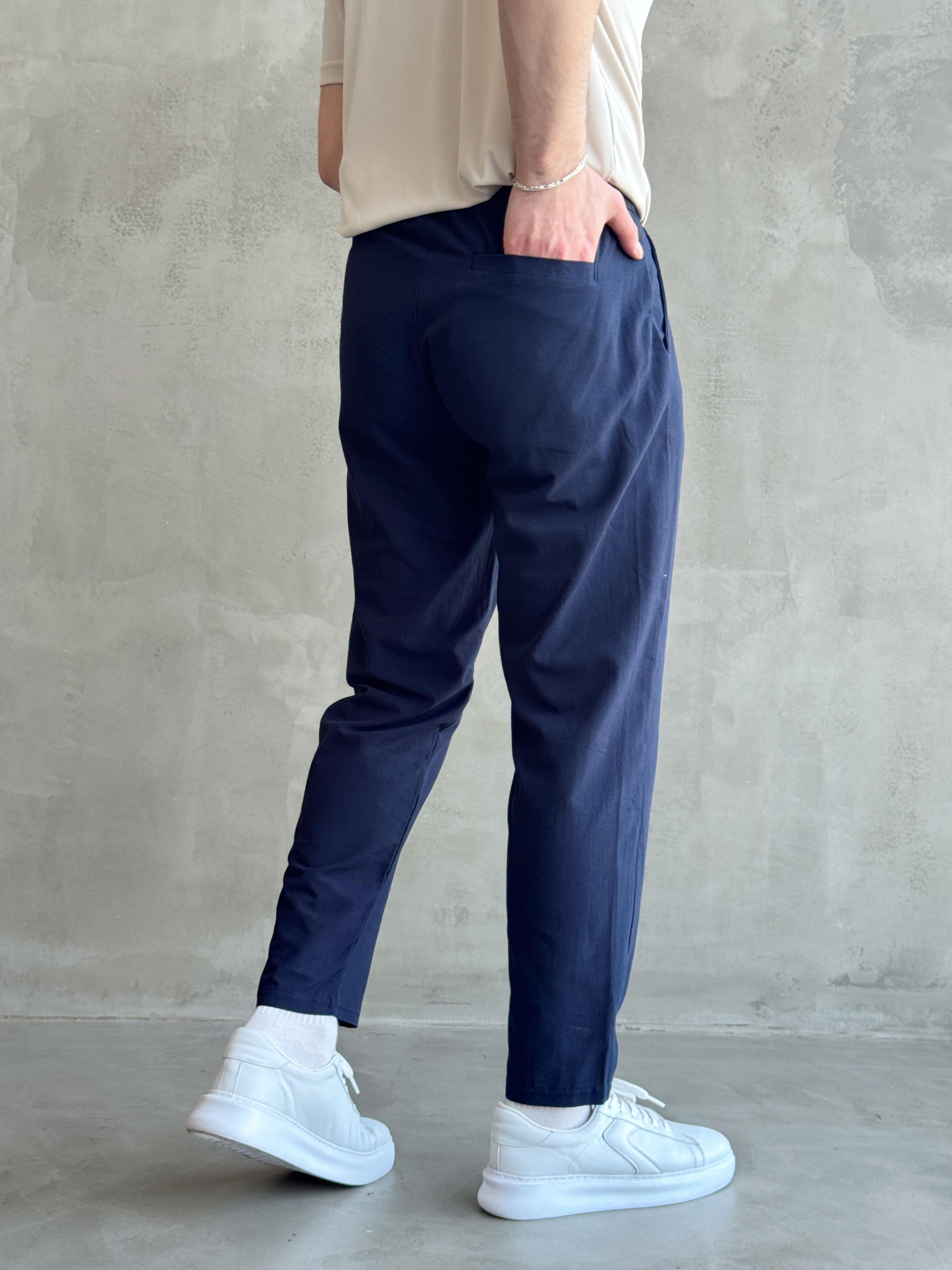 Erkek Yüksek Kalite Boyfriend Kalıp Beli Lastikli Bağcık Detaylı Keten Pantolon-Lacivert(1631)