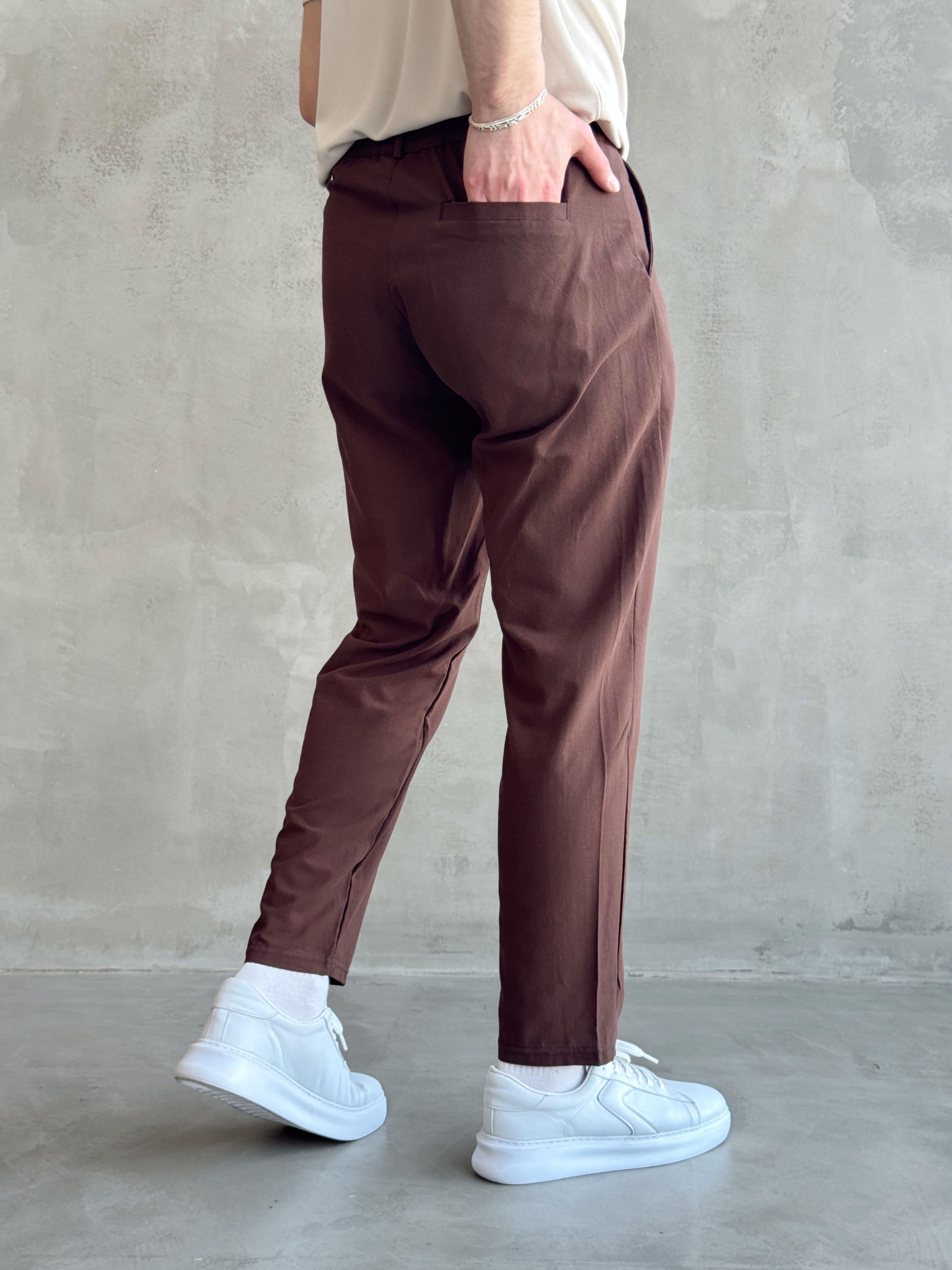 Erkek Yüksek Kalite Boyfriend Kalıp Beli Lastikli Bağcık Detaylı Keten Pantolon-Kahverengi(1631)
