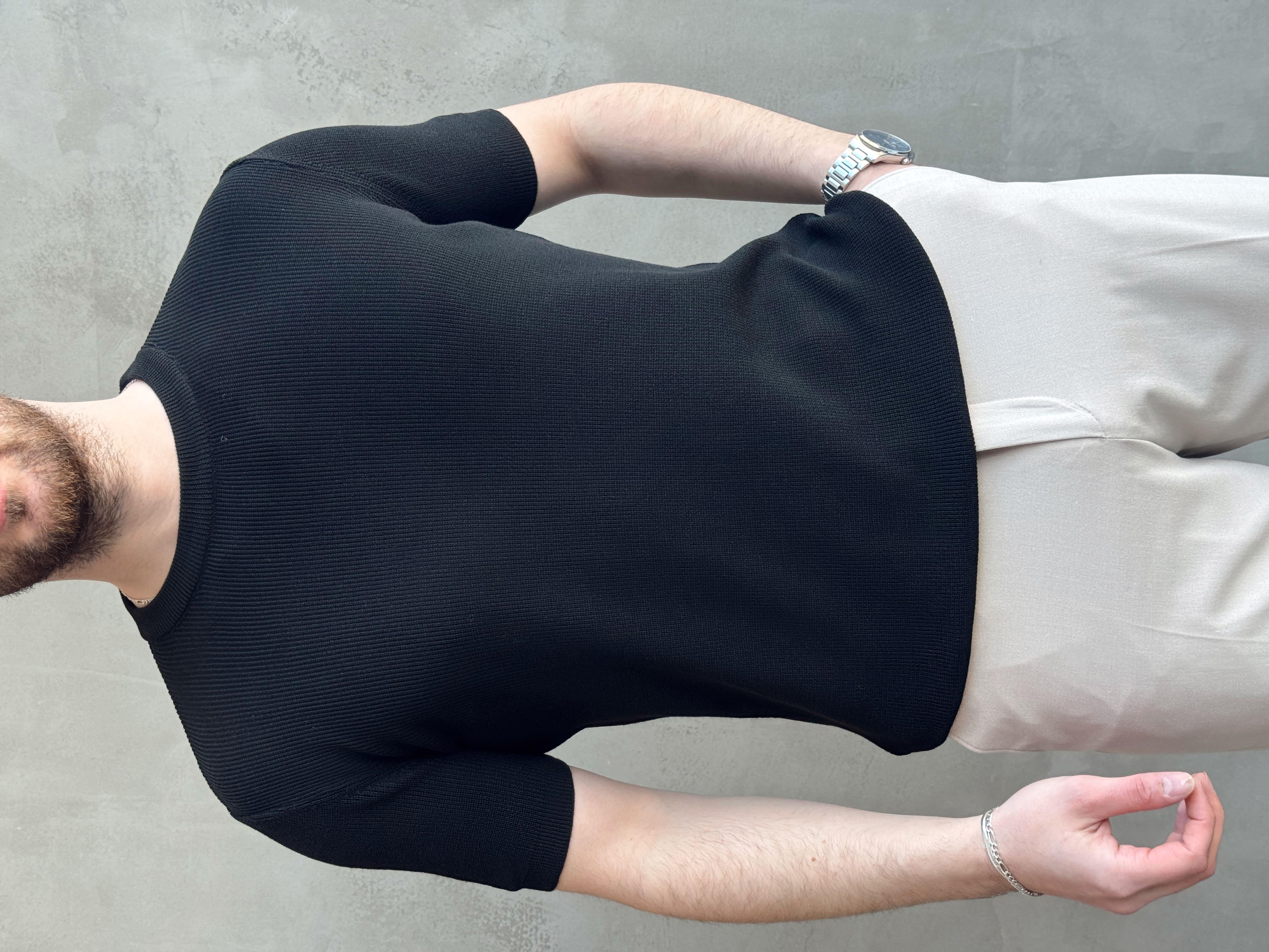 Erkek Yüksek Kalite Örme Triko Oversize Kalıp Bisiklet Yaka Triko T-Shirt-Siyah(E1655)Ketench