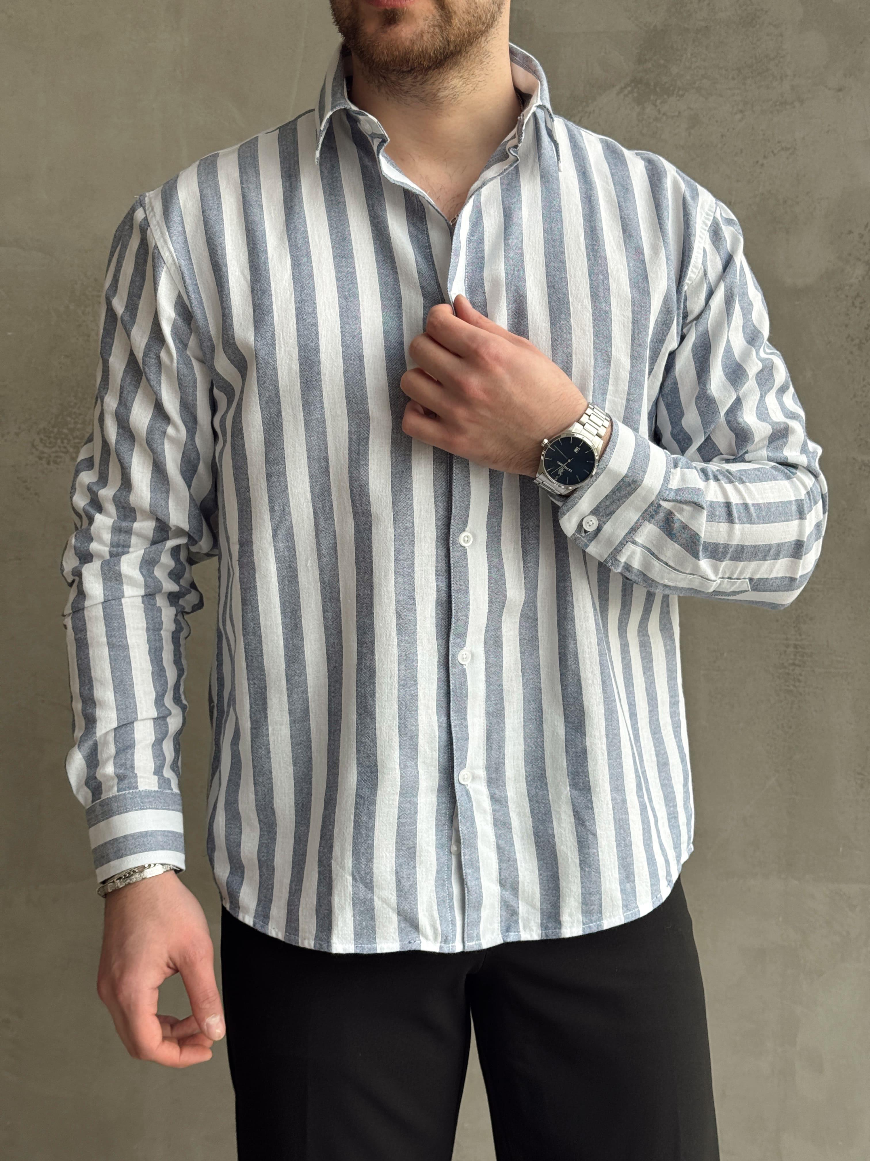 Erkek Yüksek Kalite Oversize Kalıp %100 Pamuk Kalın Çizgili Gömlek-Lacivert(E1600)
