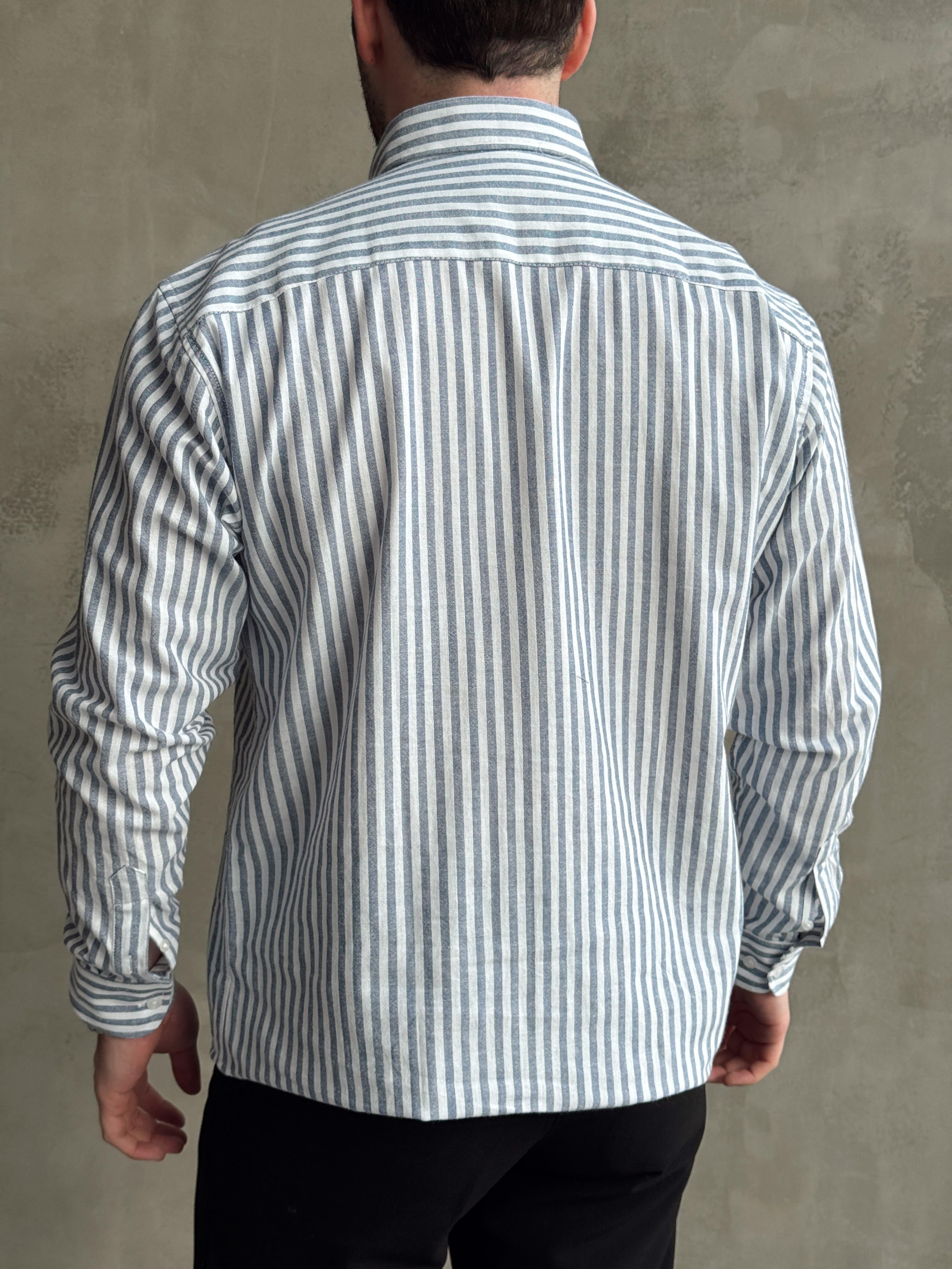 Erkek Yüksek Kalite Oversize Kalıp %100 Pamuk Nakış Detaylı Çizgili Gömlek-Lacivert(E1599)