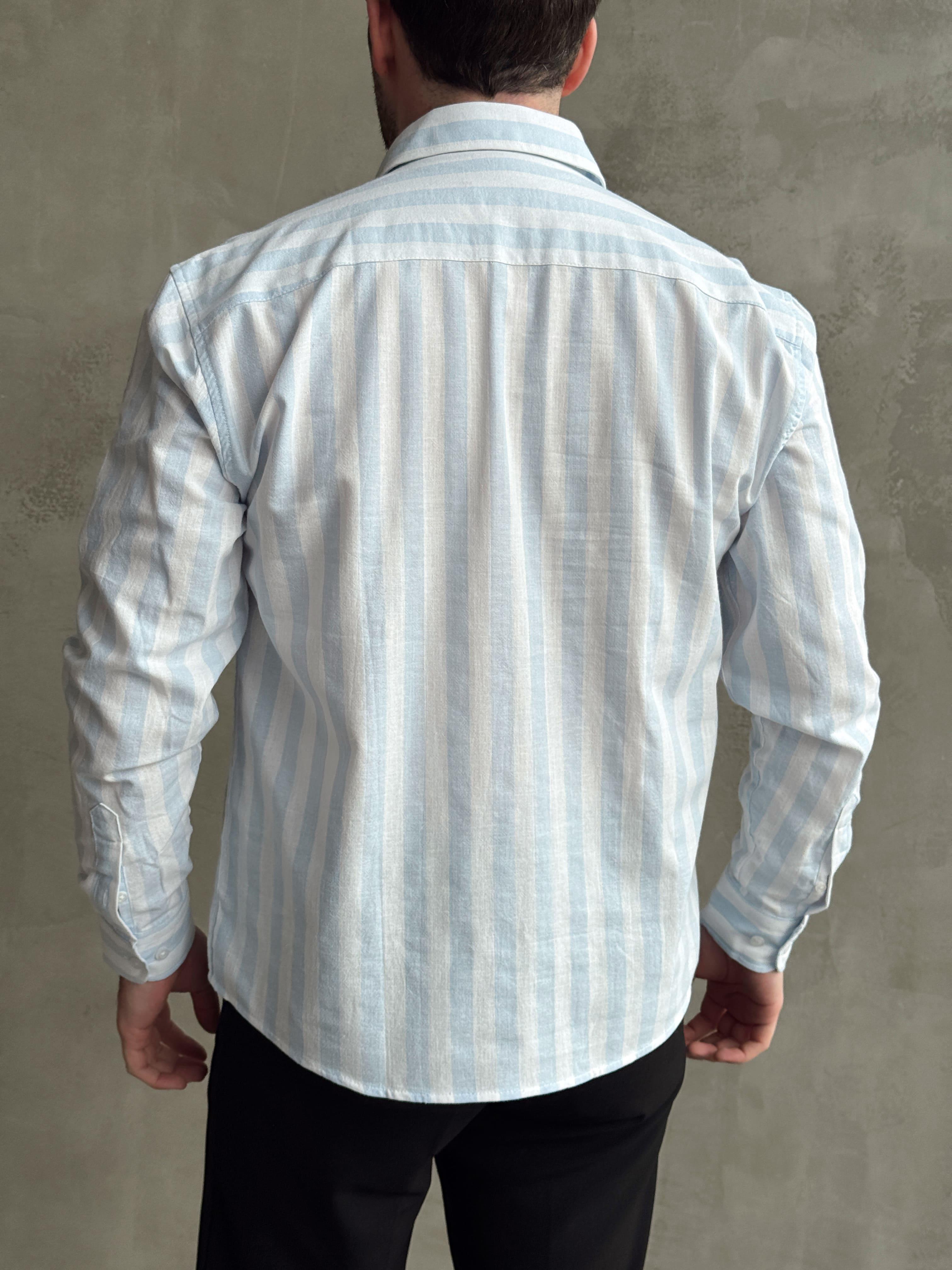 Erkek Yüksek Kalite Oversize Kalıp %100 Pamuk Kalın Çizgili Gömlek-Bebe Mavi(E1600)