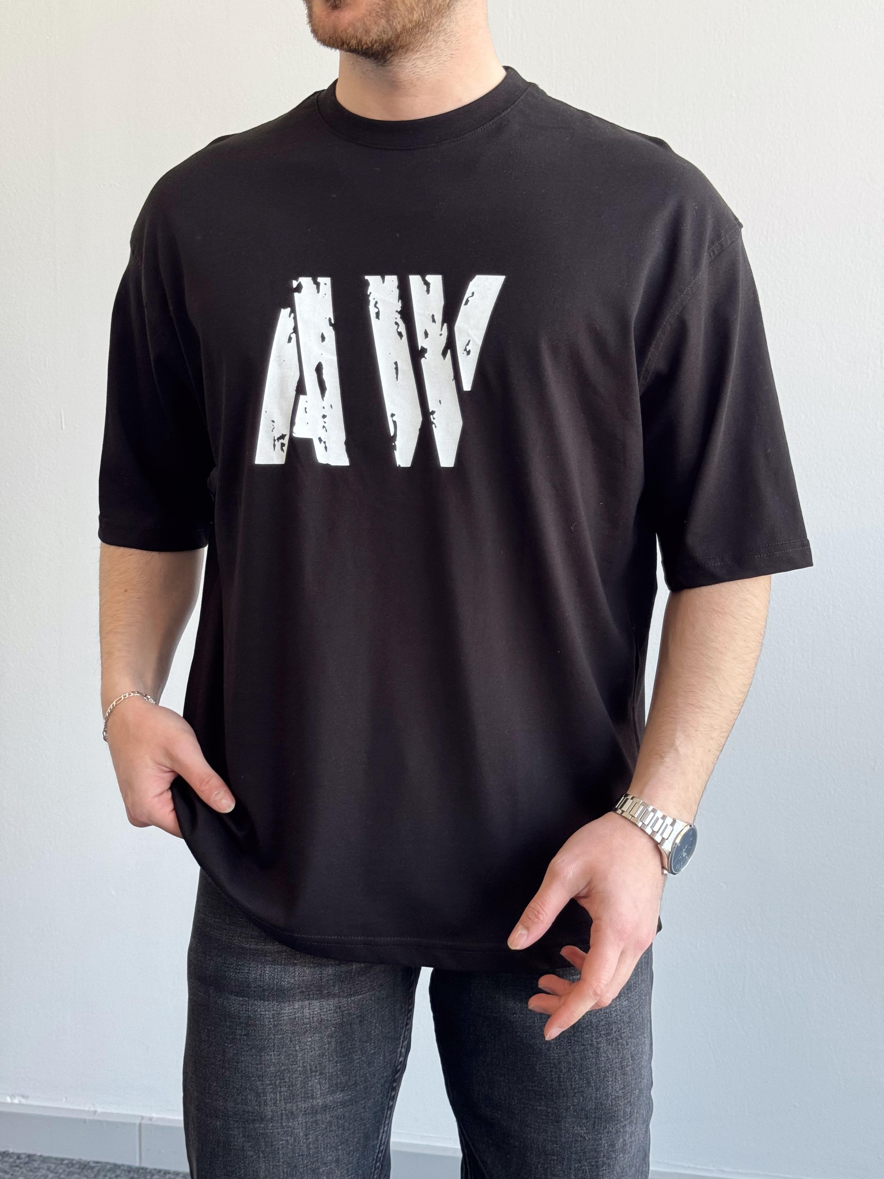 Erkek Yüksek Kalite Oversize Kalıp AW Baskı Detay T-Shirt-Siyah(E1373)