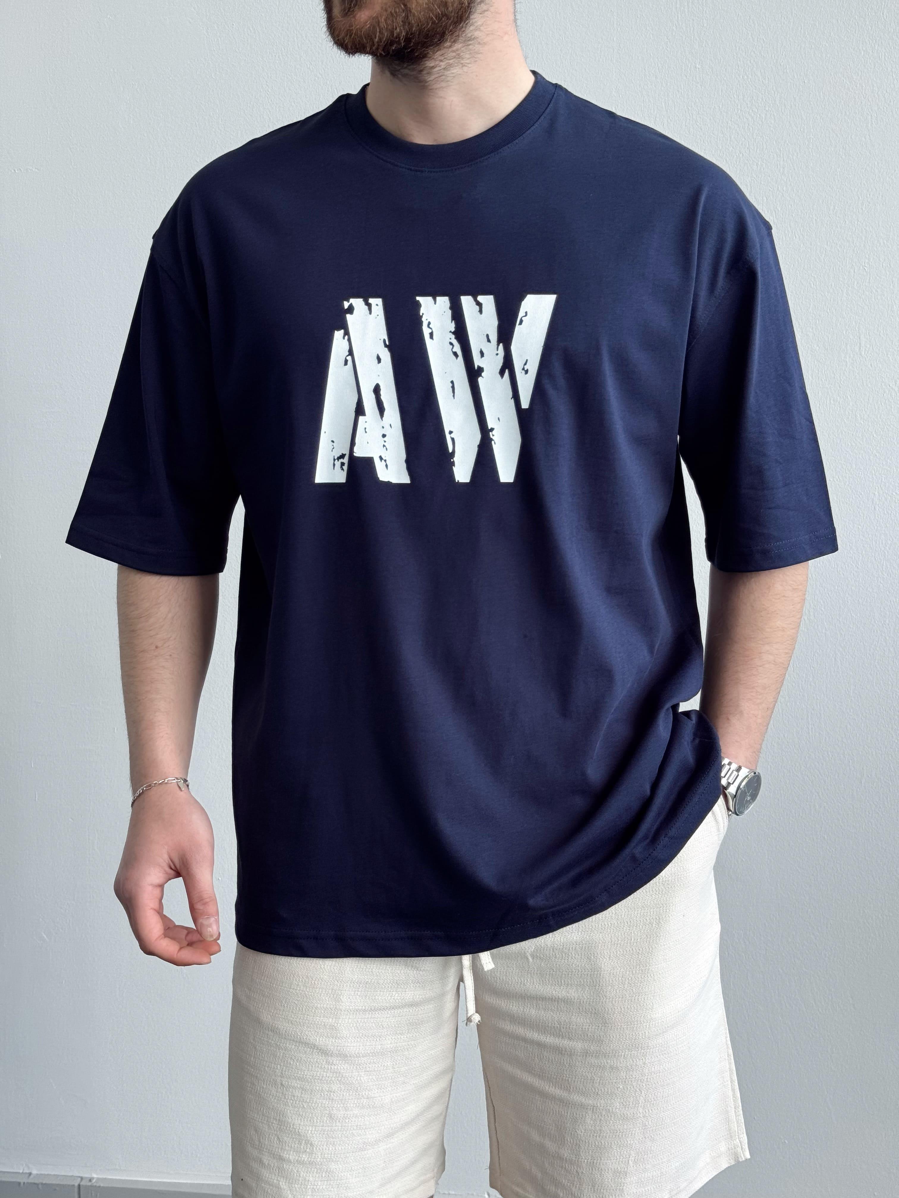 Erkek Yüksek Kalite Oversize Kalıp AW Baskı Detay T-Shirt-Lacivert(E1373)