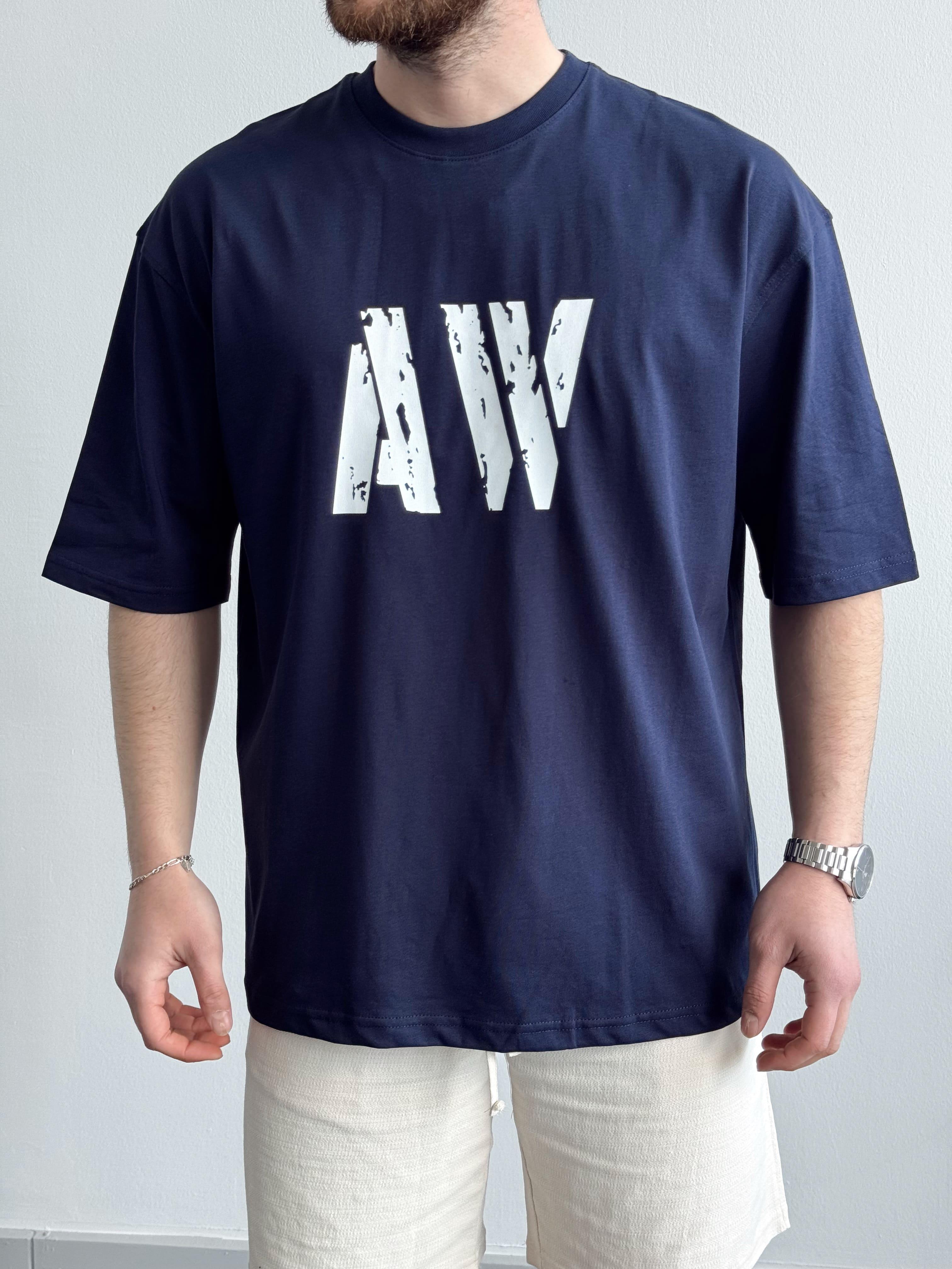 Erkek Yüksek Kalite Oversize Kalıp AW Baskı Detay T-Shirt-Lacivert(E1373)