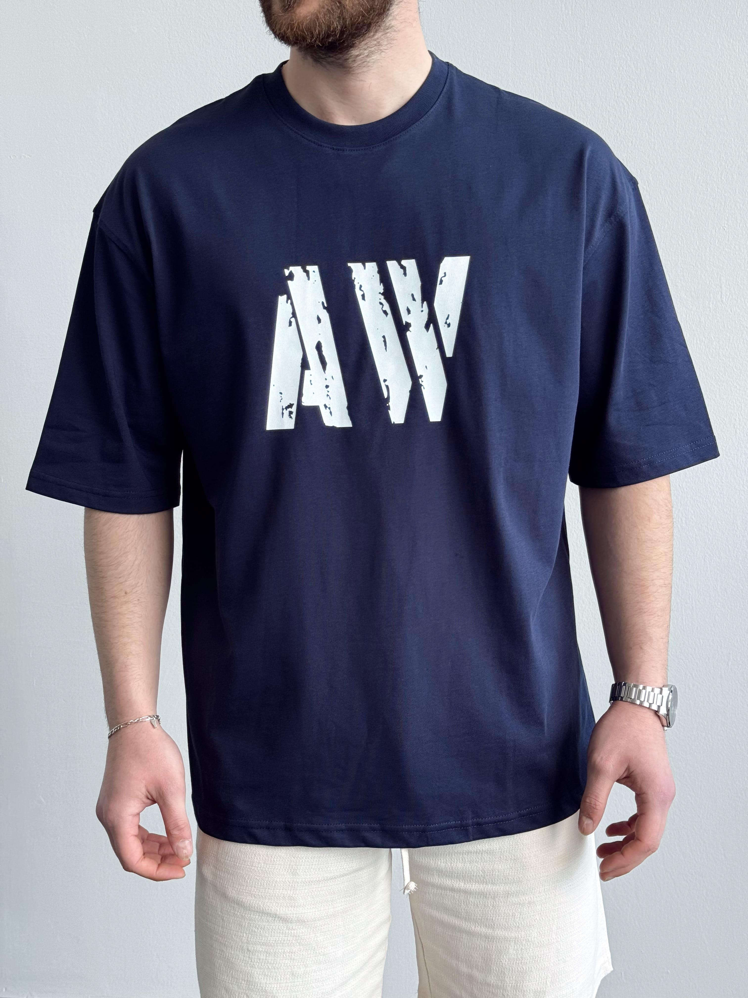 Erkek Yüksek Kalite Oversize Kalıp AW Baskı Detay T-Shirt-Lacivert(E1373)