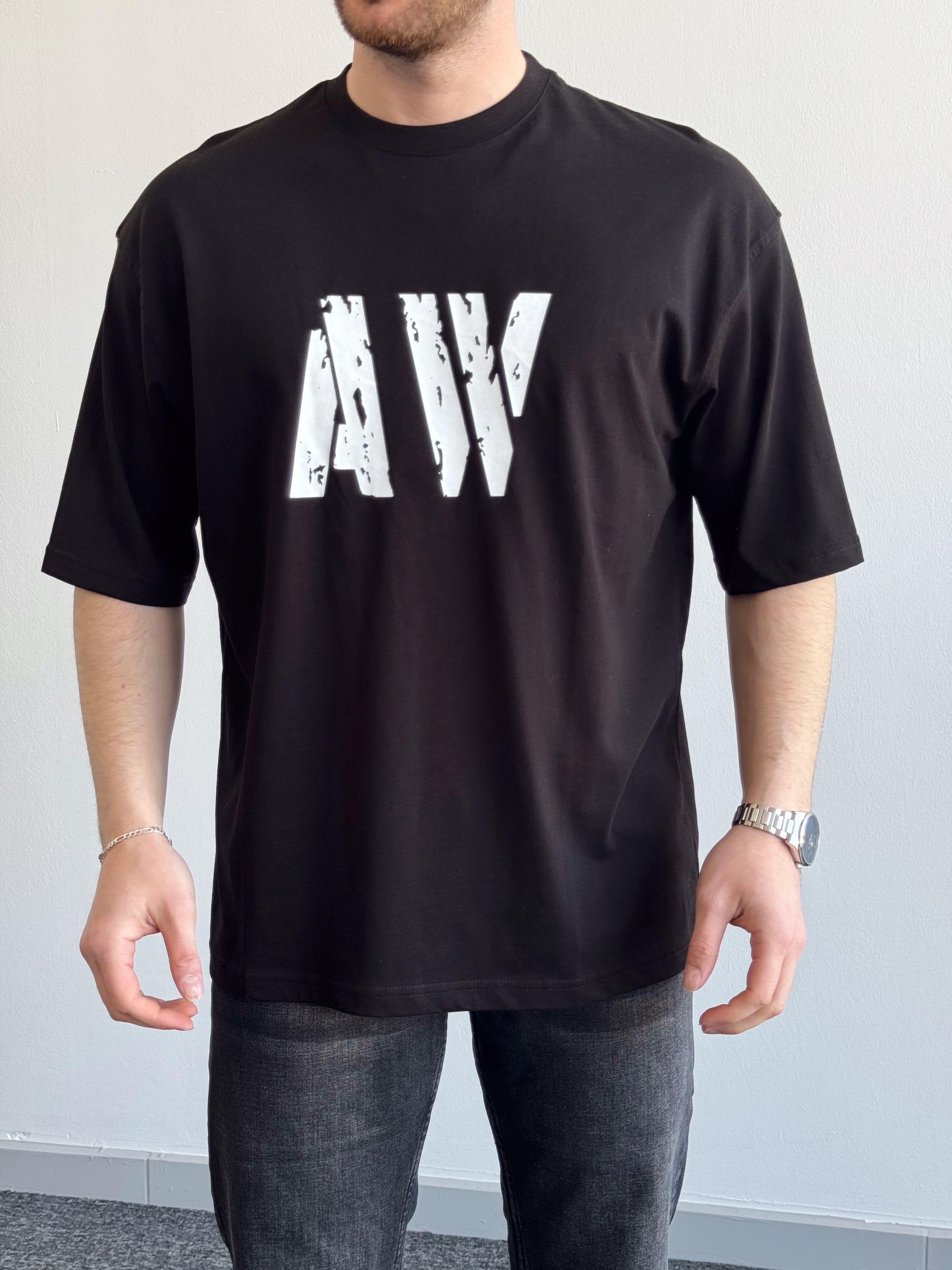 Erkek Yüksek Kalite Oversize Kalıp AW Baskı Detay T-Shirt-Siyah(E1373)