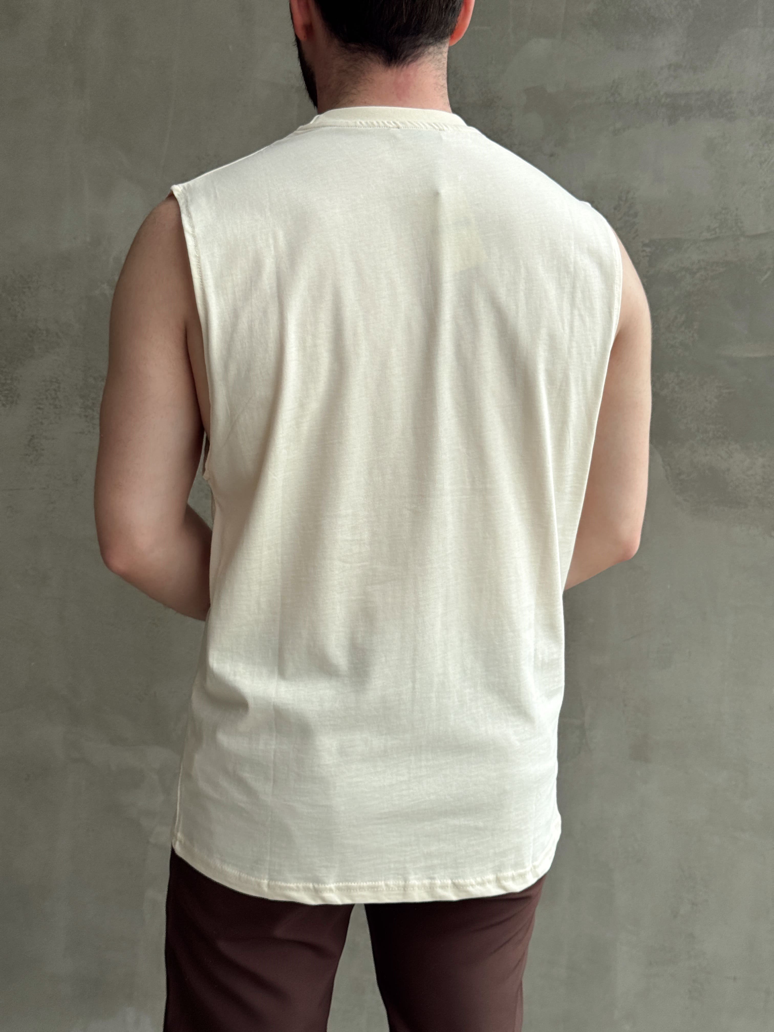 Erkek Yüksek Kalite Oversize Kalıp Bisiklet Yaka Sıfır Kol T-Shirt-Bej(E1730)