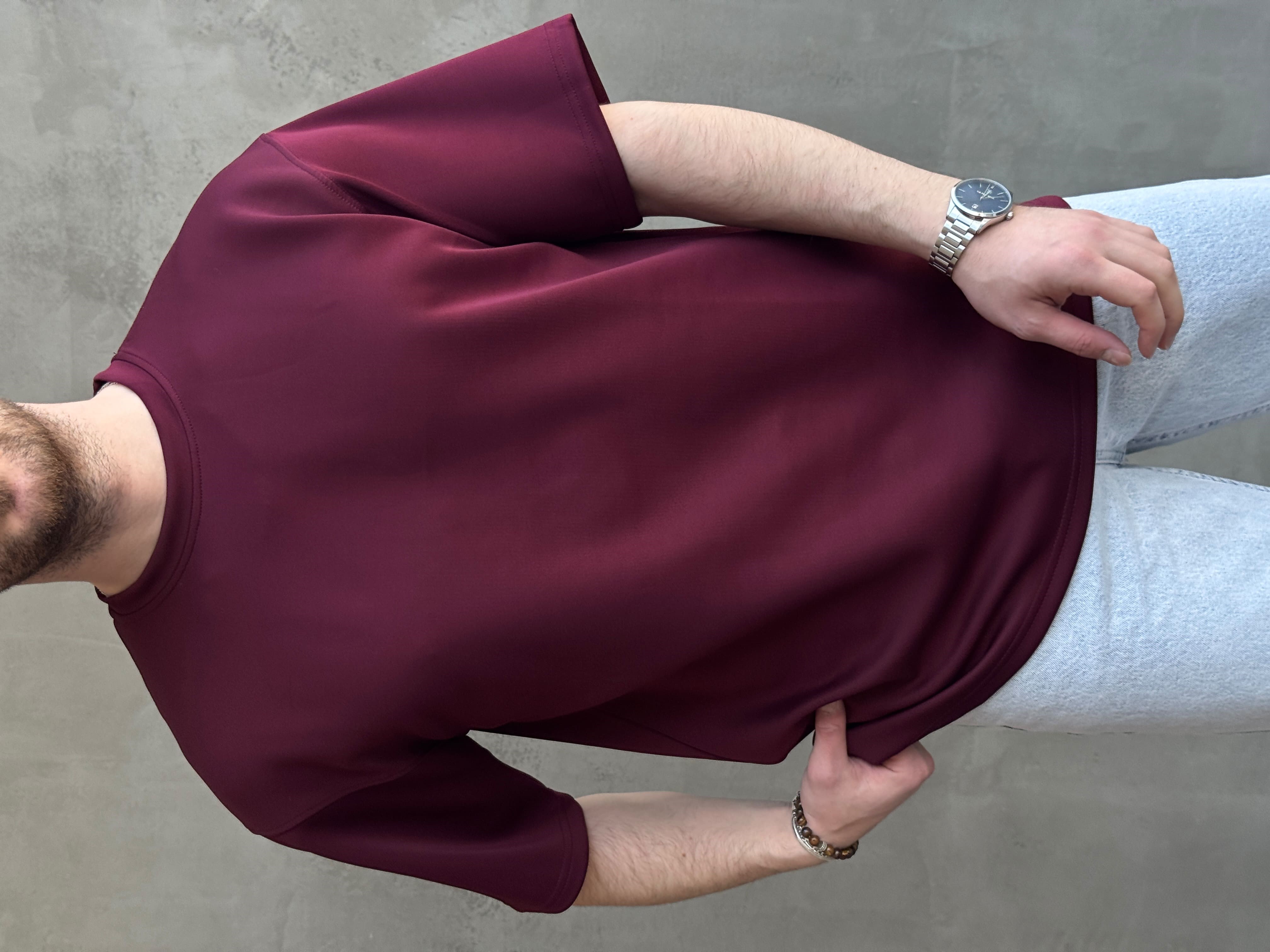Erkek Yüksek Kalite Oversize Kalıp Bisiklet Yaka Yumuşak Dokulu Düz T-Shirt-Mürdüm(E1673)Ketench