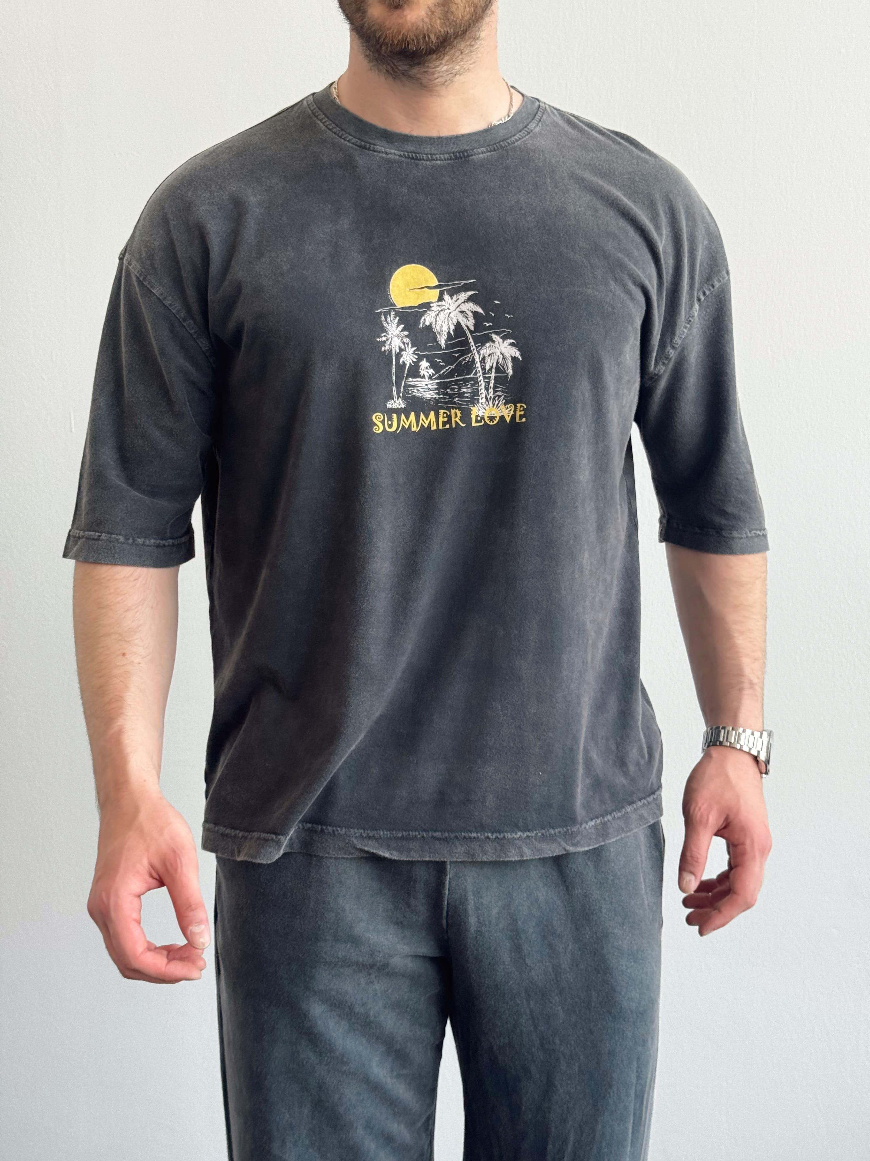 Erkek Yüksek Kalite Oversize Kalıp Bisiklet Yaka Summer Love Baskılı T-Shirt-Siyah(E1419)