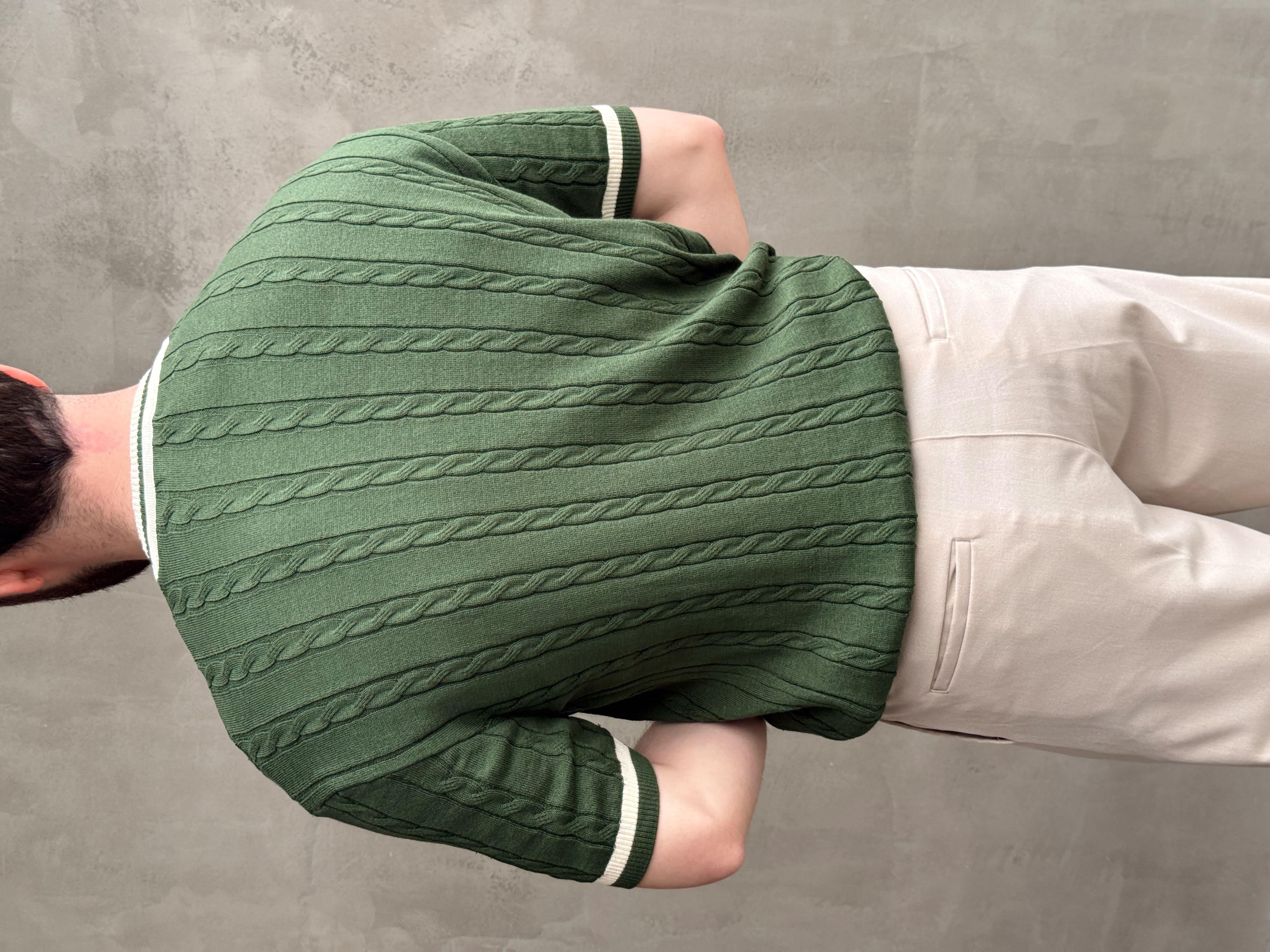 Erkek Yüksek Kalite Oversize Kalıp Bisiklet Yaka Örgü Detaylı Triko T-Shirt-Yeşil(E1662)
