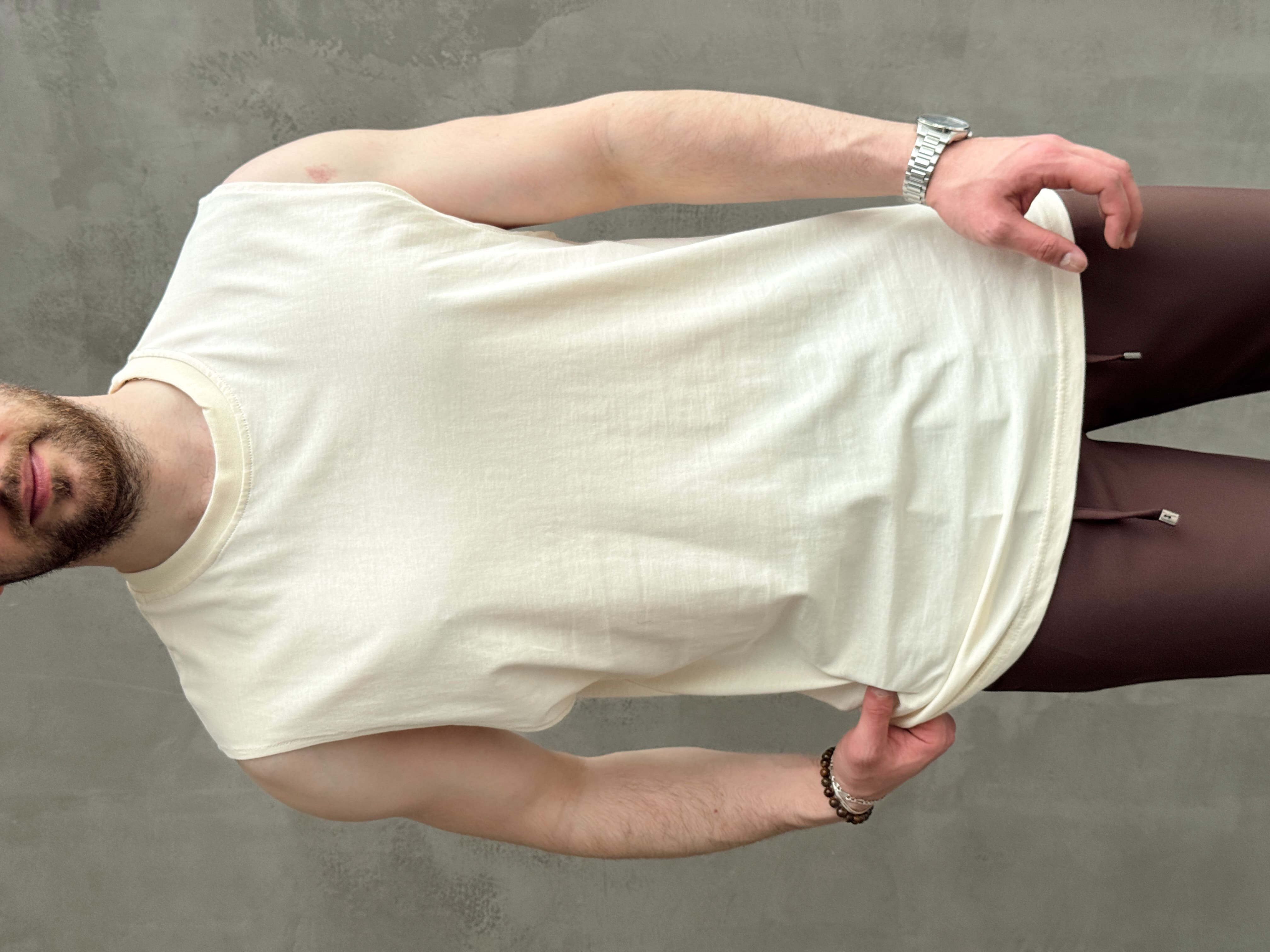 Erkek Yüksek Kalite Oversize Kalıp Bisiklet Yaka Sıfır Kol T-Shirt-Bej(E1730)Ketench