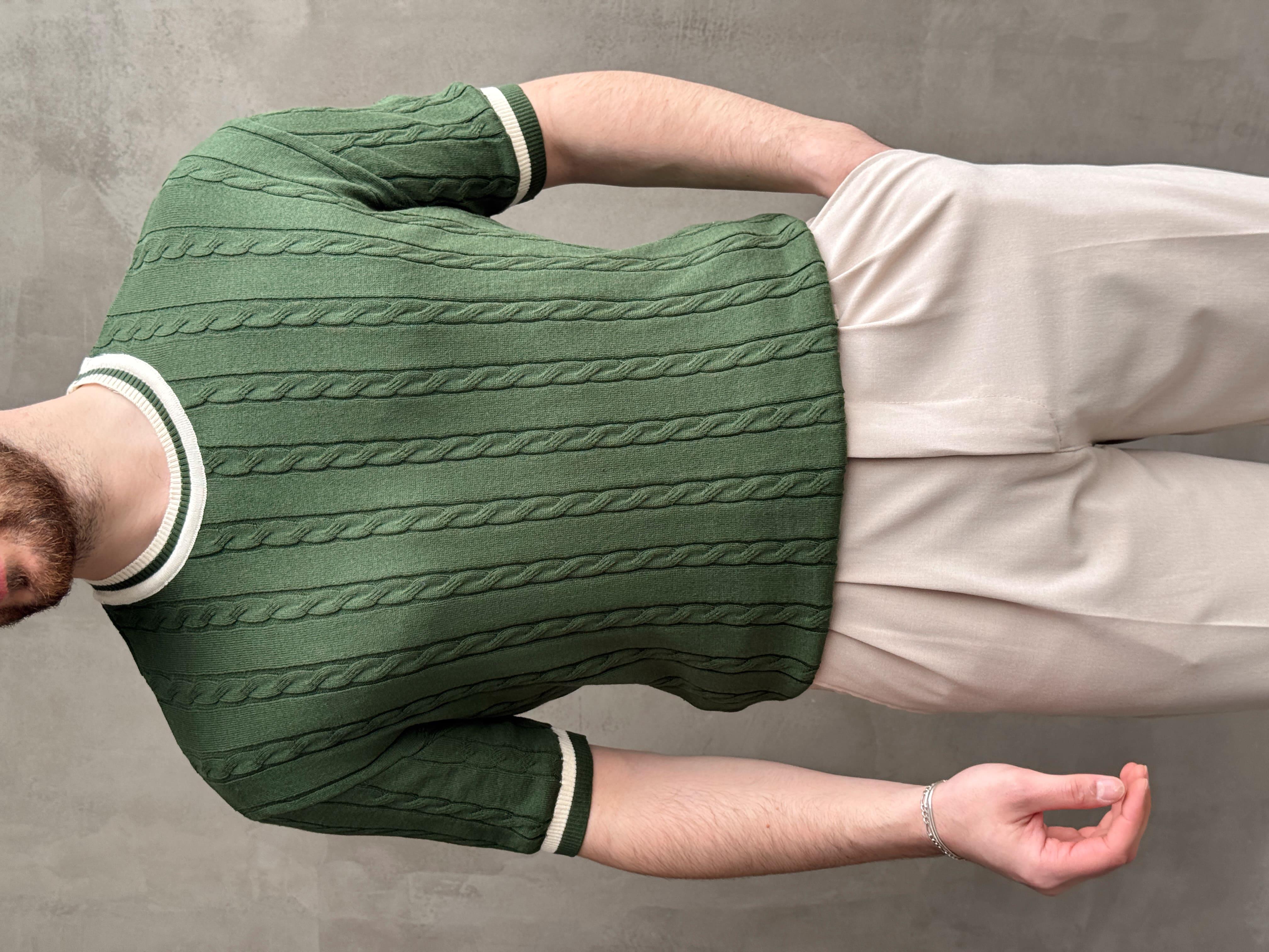 Erkek Yüksek Kalite Oversize Kalıp Bisiklet Yaka Örgü Detaylı Triko T-Shirt-Yeşil(E1662)Ketench