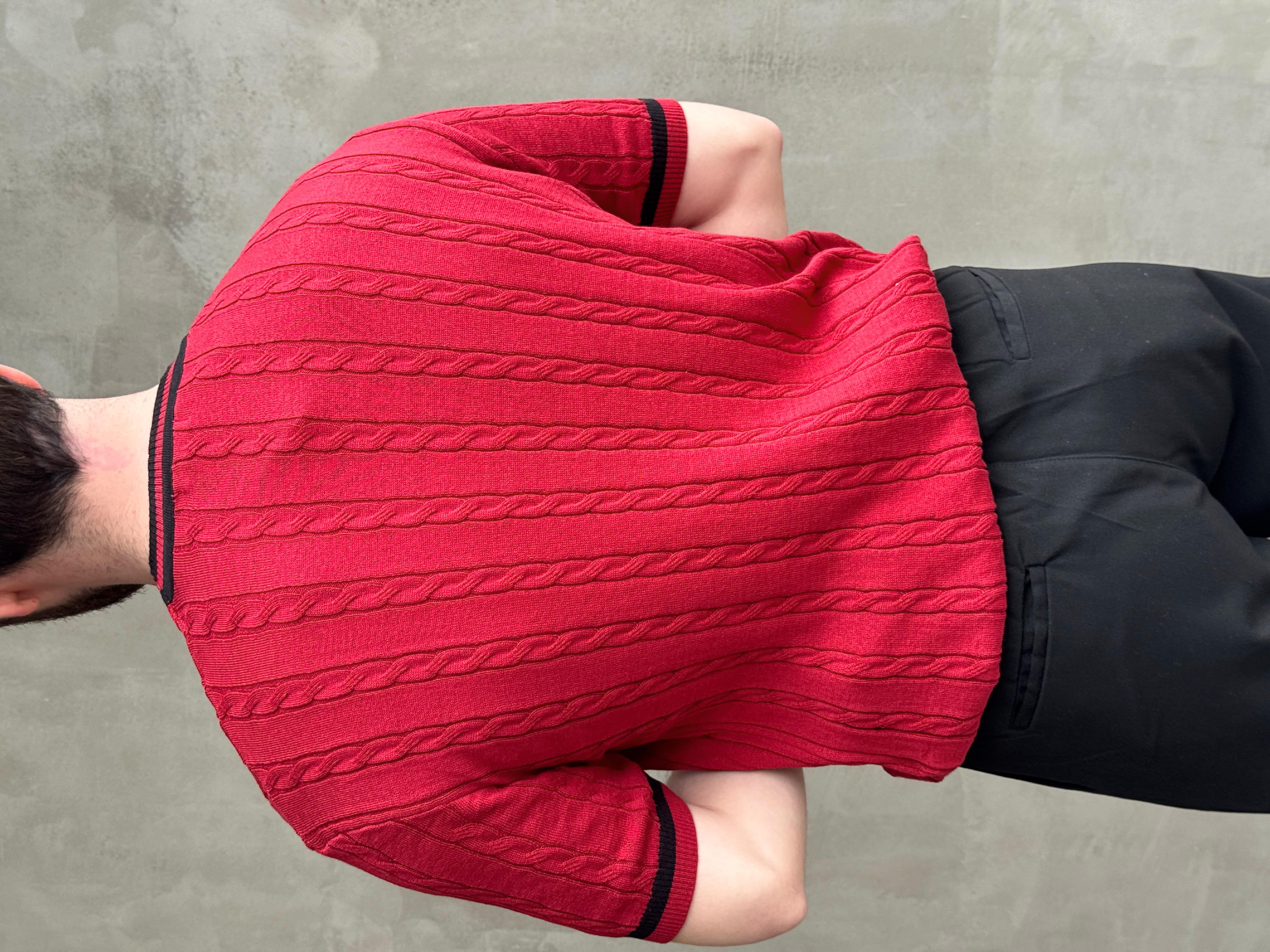 Erkek Yüksek Kalite Oversize Kalıp Bisiklet Yaka Örgü Detaylı Triko T-Shirt-Bordo(E1662)