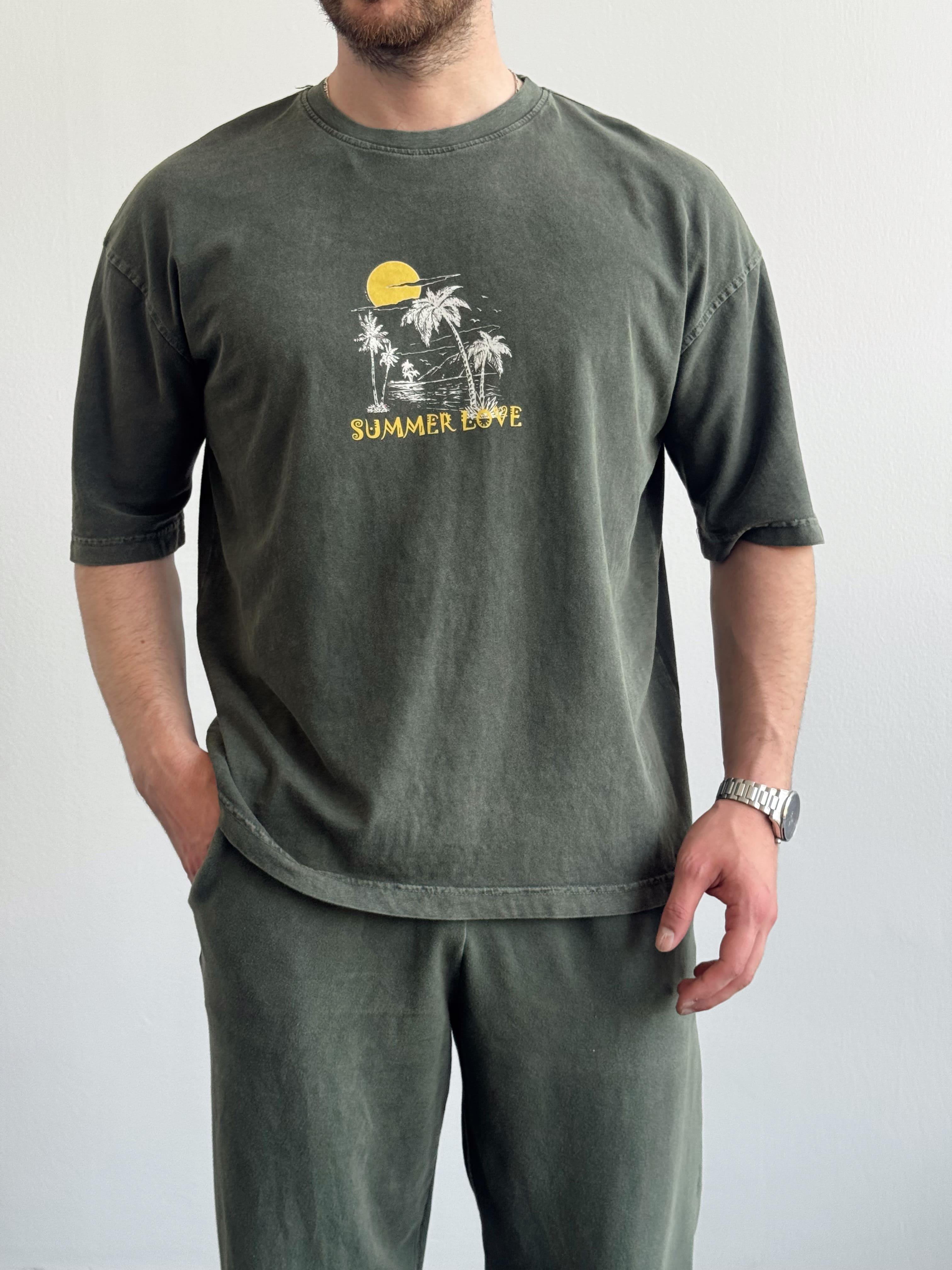 Erkek Yüksek Kalite Oversize Kalıp Bisiklet Yaka Summer Love Baskılı T-Shirt-Yeşil(E1419)