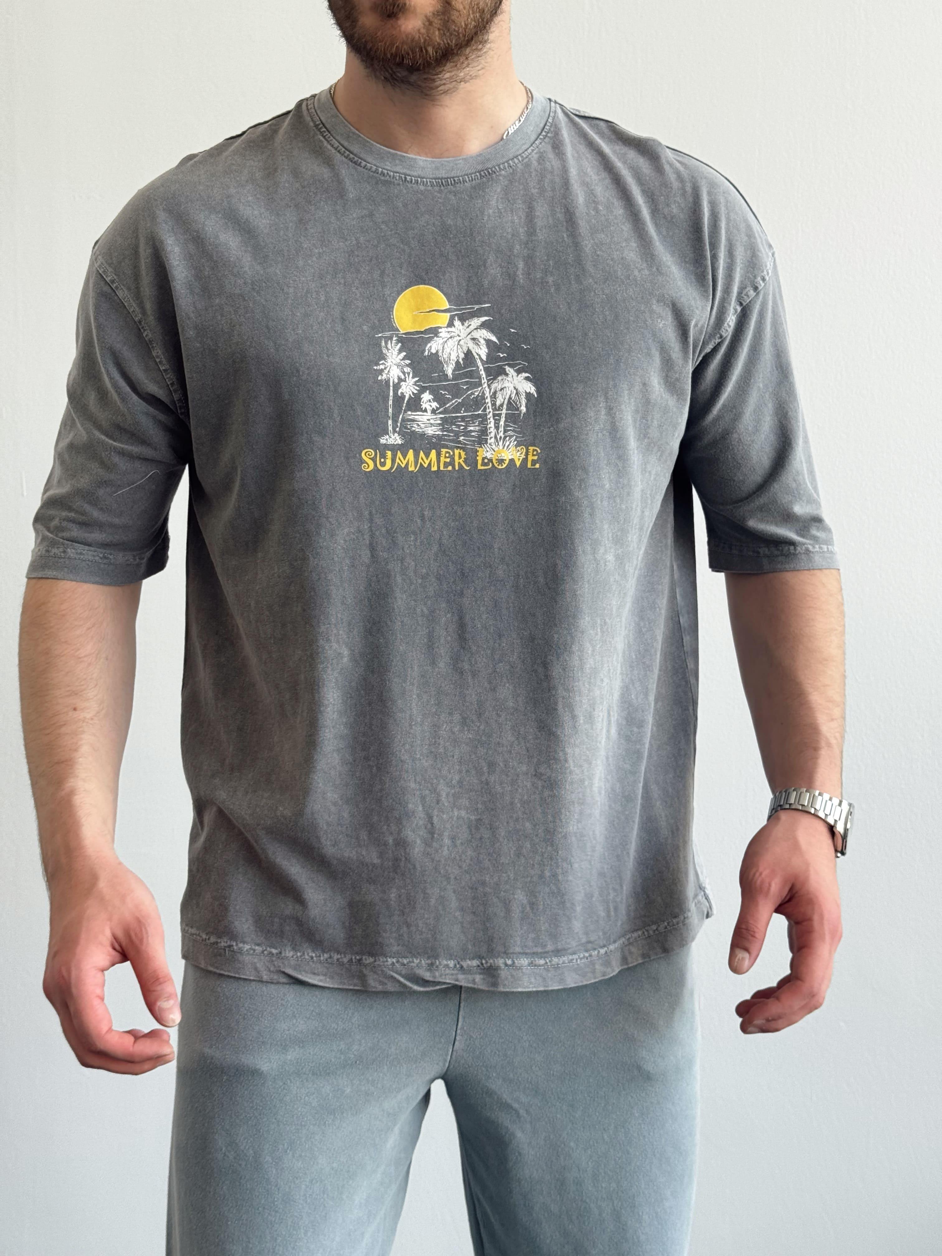 Erkek Yüksek Kalite Oversize Kalıp Bisiklet Yaka Summer Love Baskılı T-Shirt-Füme(E1419)