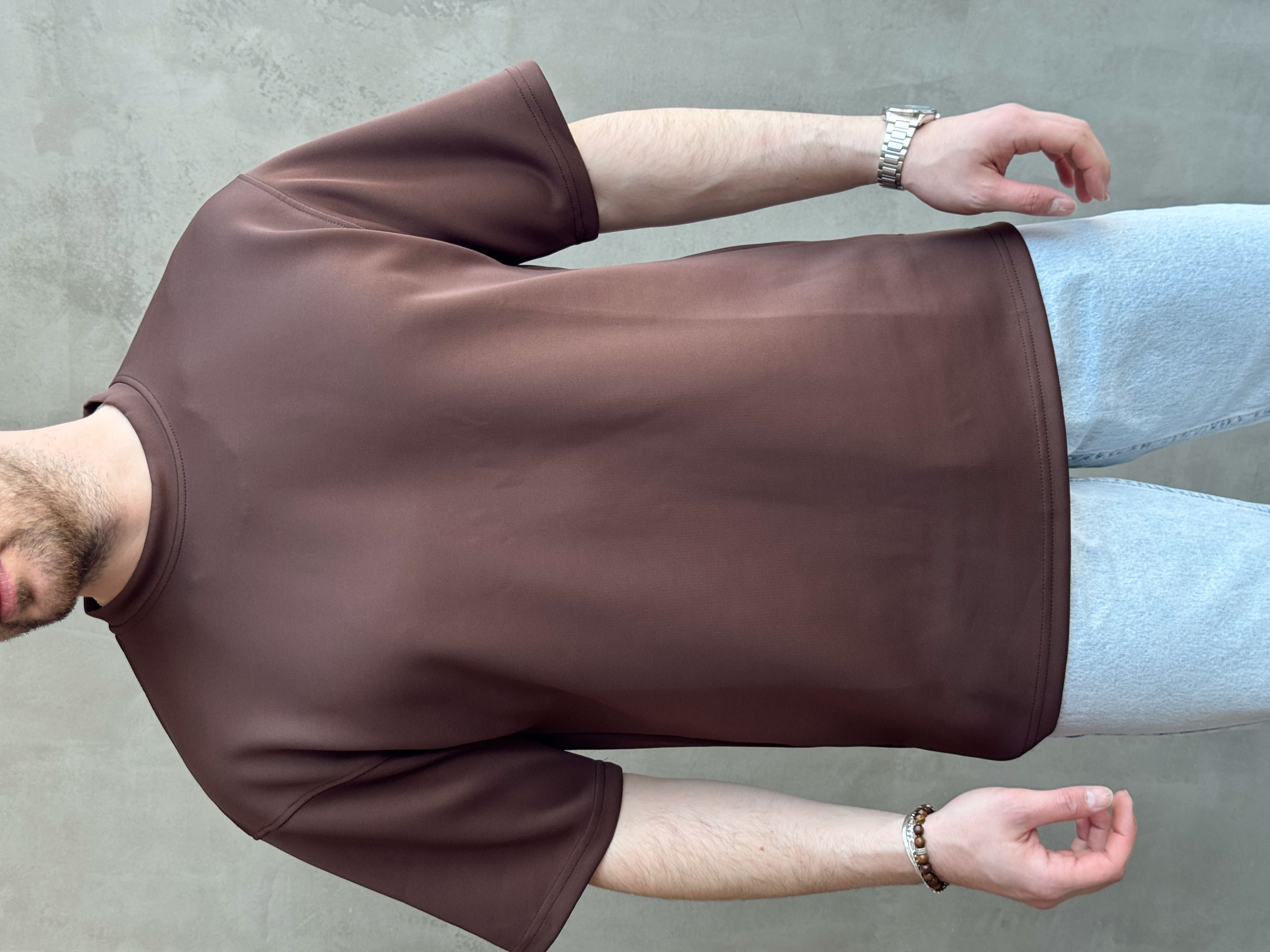 Erkek Yüksek Kalite Oversize Kalıp Bisiklet Yaka Yumuşak Dokulu Düz T-Shirt-Kahverengi(E1673)