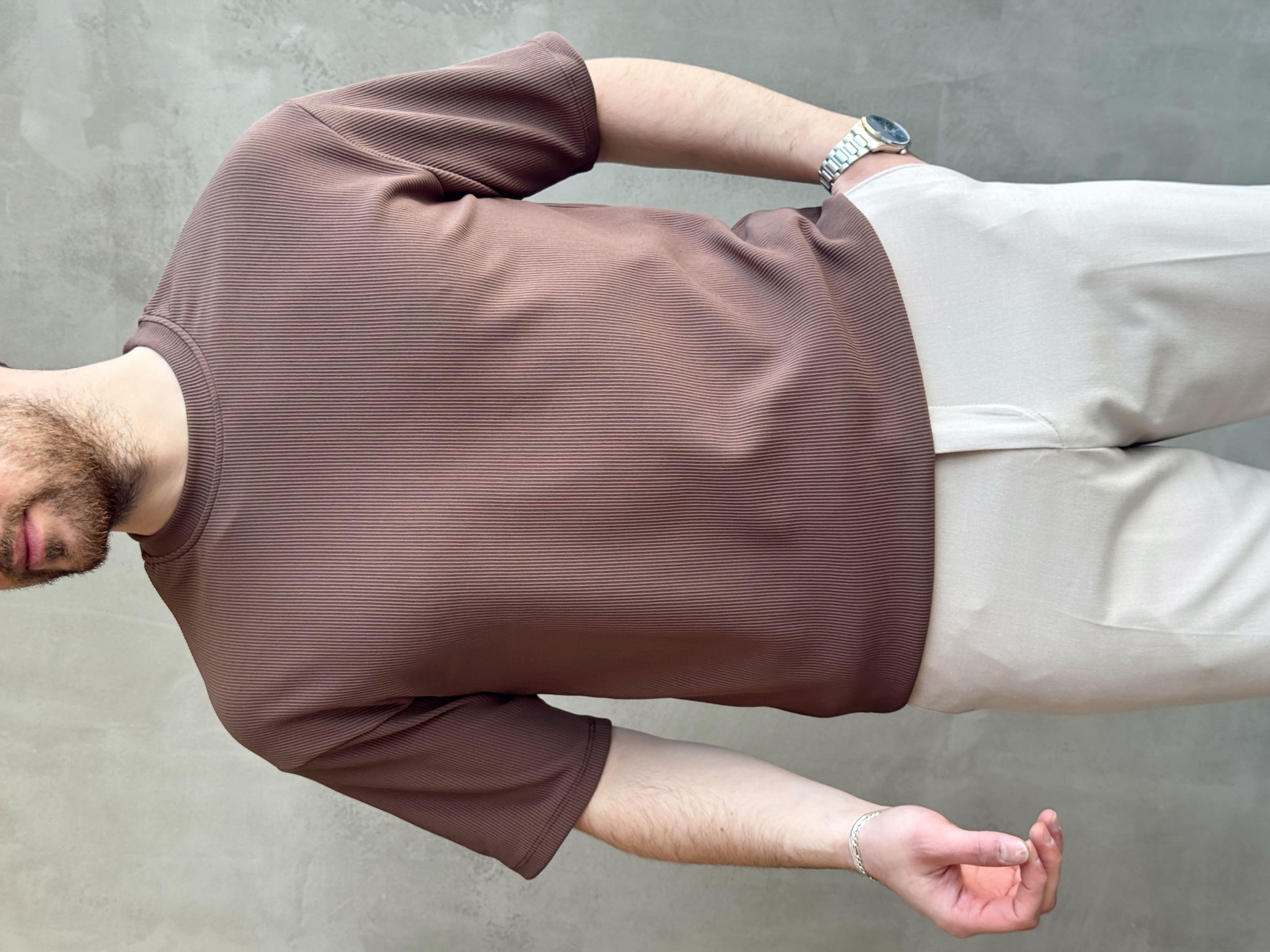 Erkek Yüksek Kalite Oversize Kalıp Bisiklet Yaka Fitil Detaylı T-Shirt-Kahverengi(E1656)
