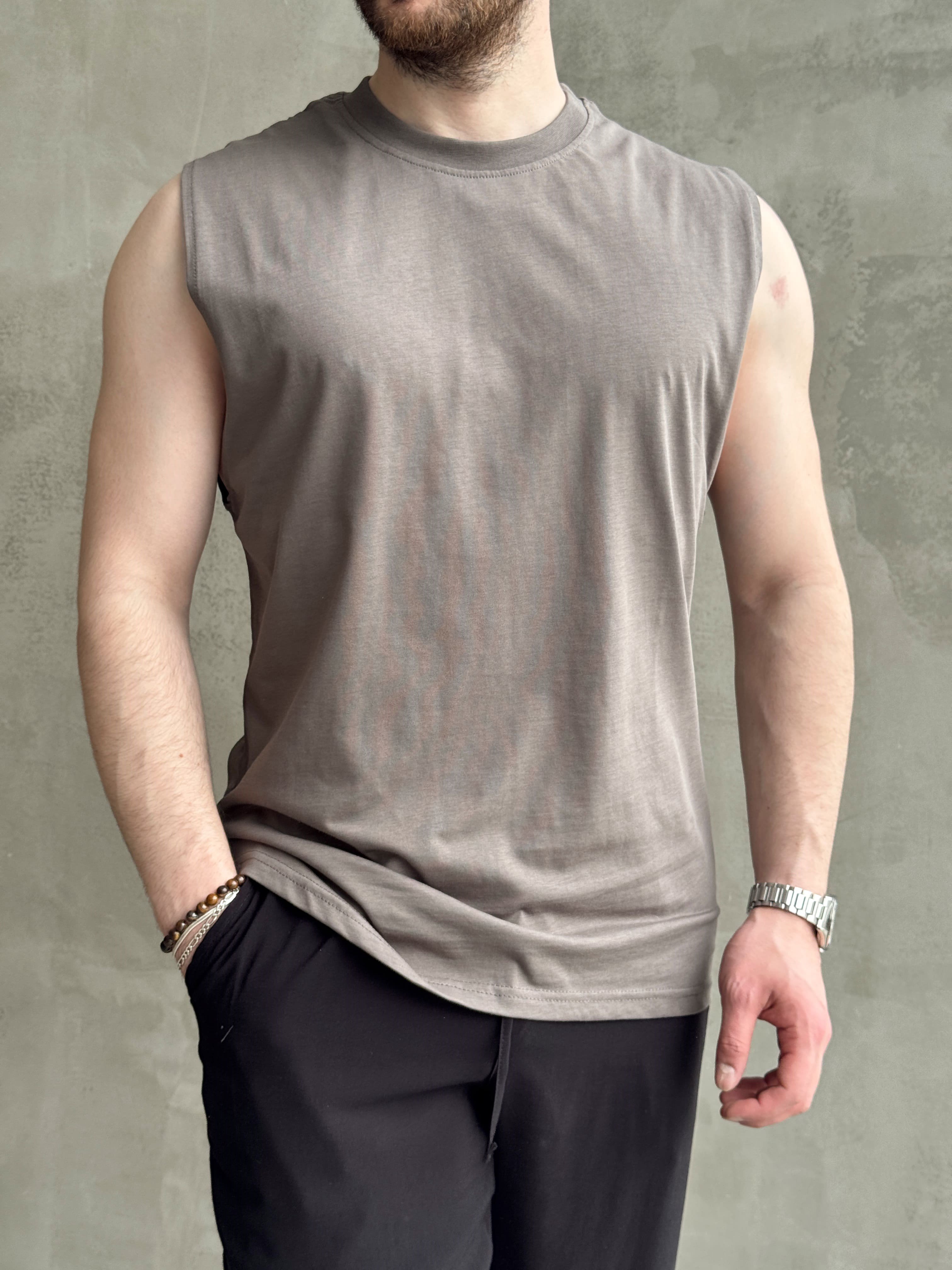 Erkek Yüksek Kalite Oversize Kalıp Bisiklet Yaka Sıfır Kol T-Shirt-Antrasit(E1730)