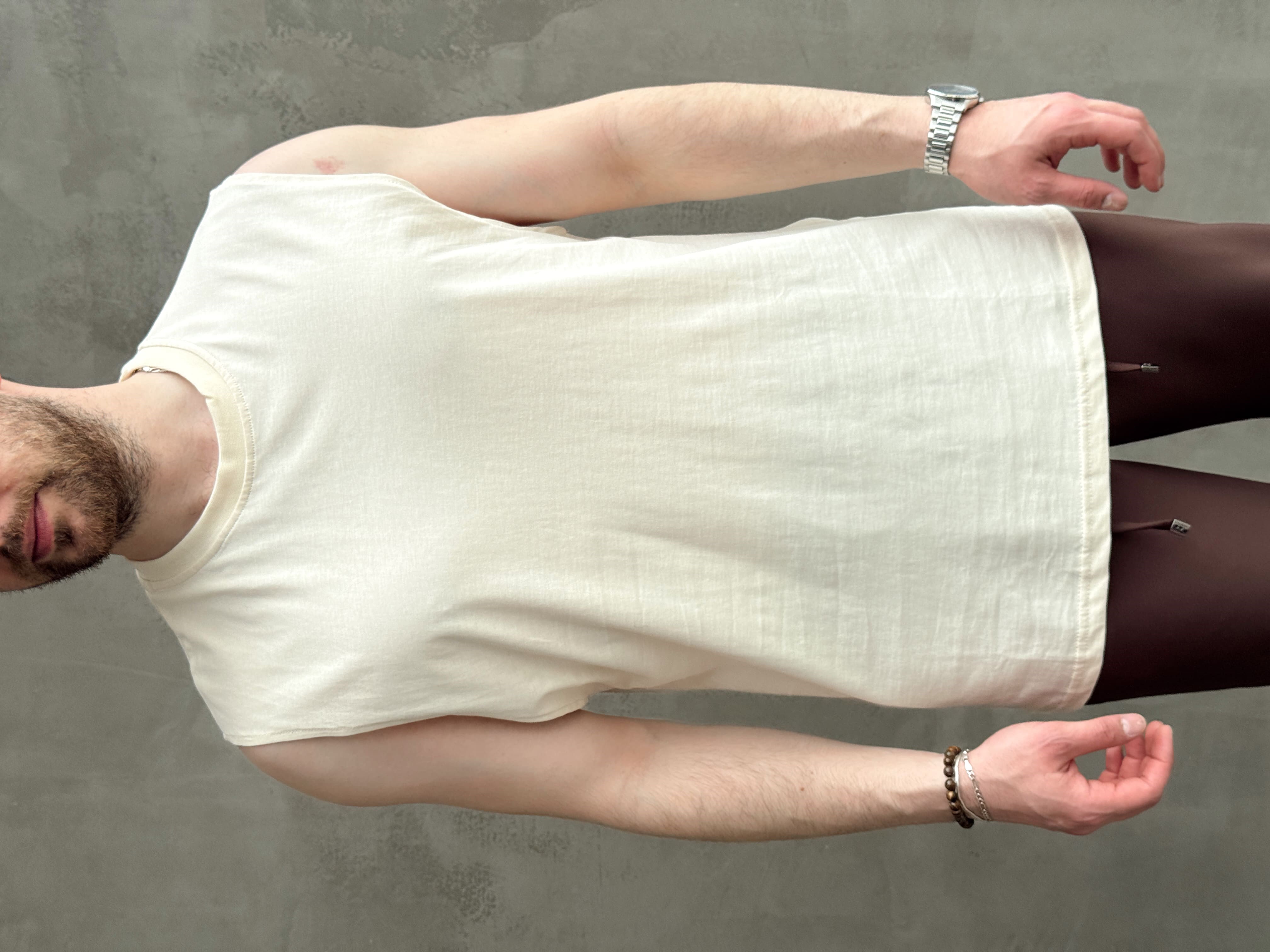 Erkek Yüksek Kalite Oversize Kalıp Bisiklet Yaka Sıfır Kol T-Shirt-Bej(E1730)
