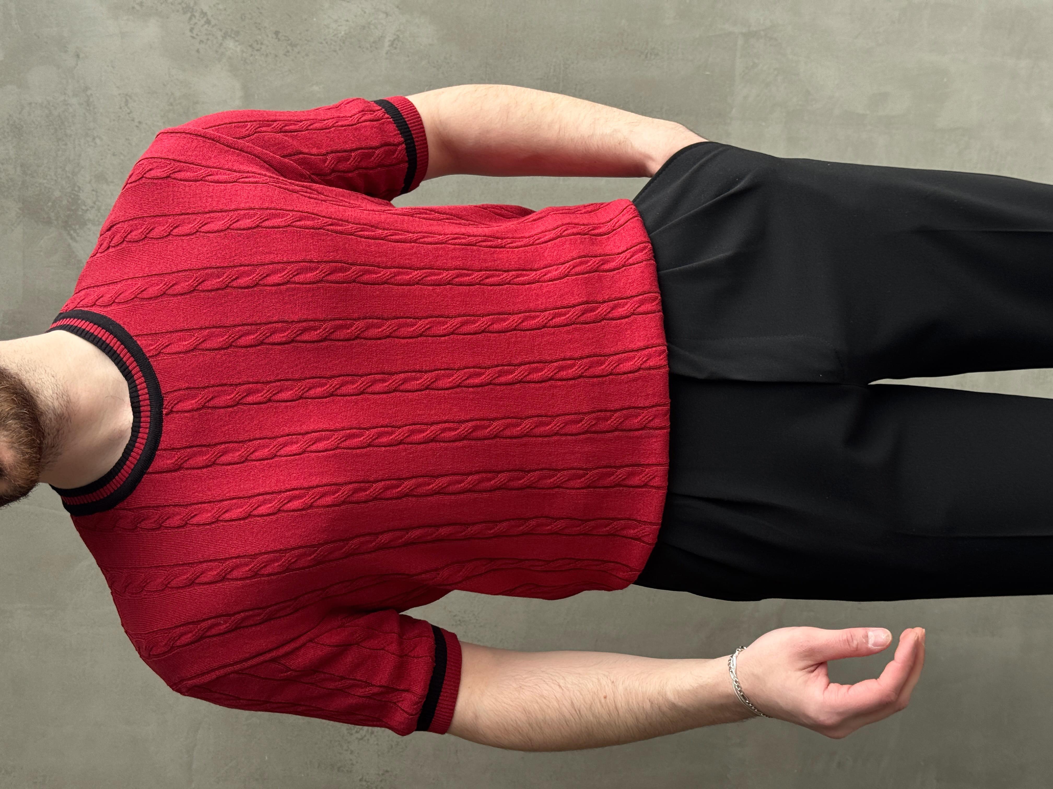 Erkek Yüksek Kalite Oversize Kalıp Bisiklet Yaka Örgü Detaylı Triko T-Shirt-Bordo(E1662)