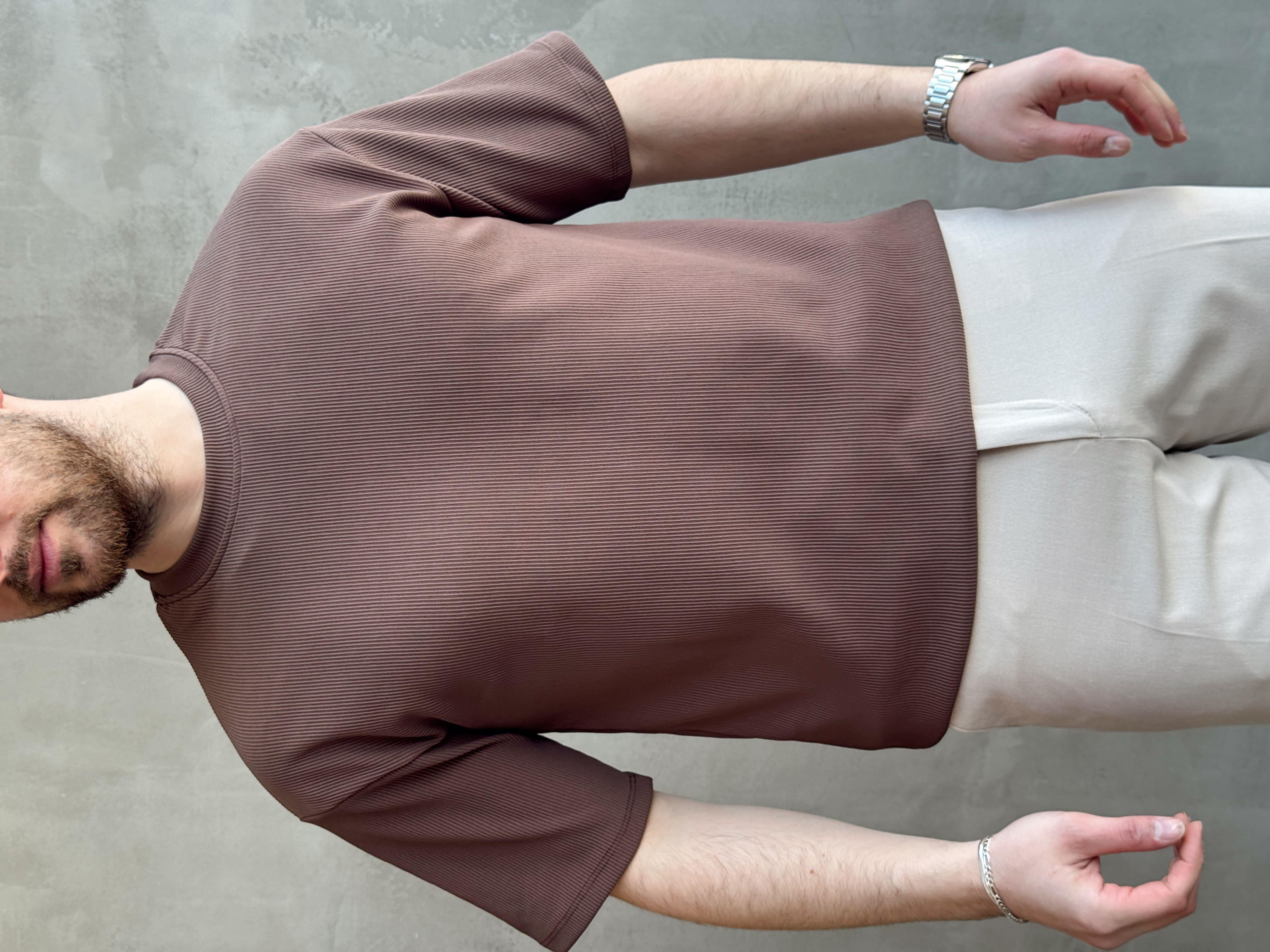 Erkek Yüksek Kalite Oversize Kalıp Bisiklet Yaka Fitil Detaylı T-Shirt-Kahverengi(E1656)