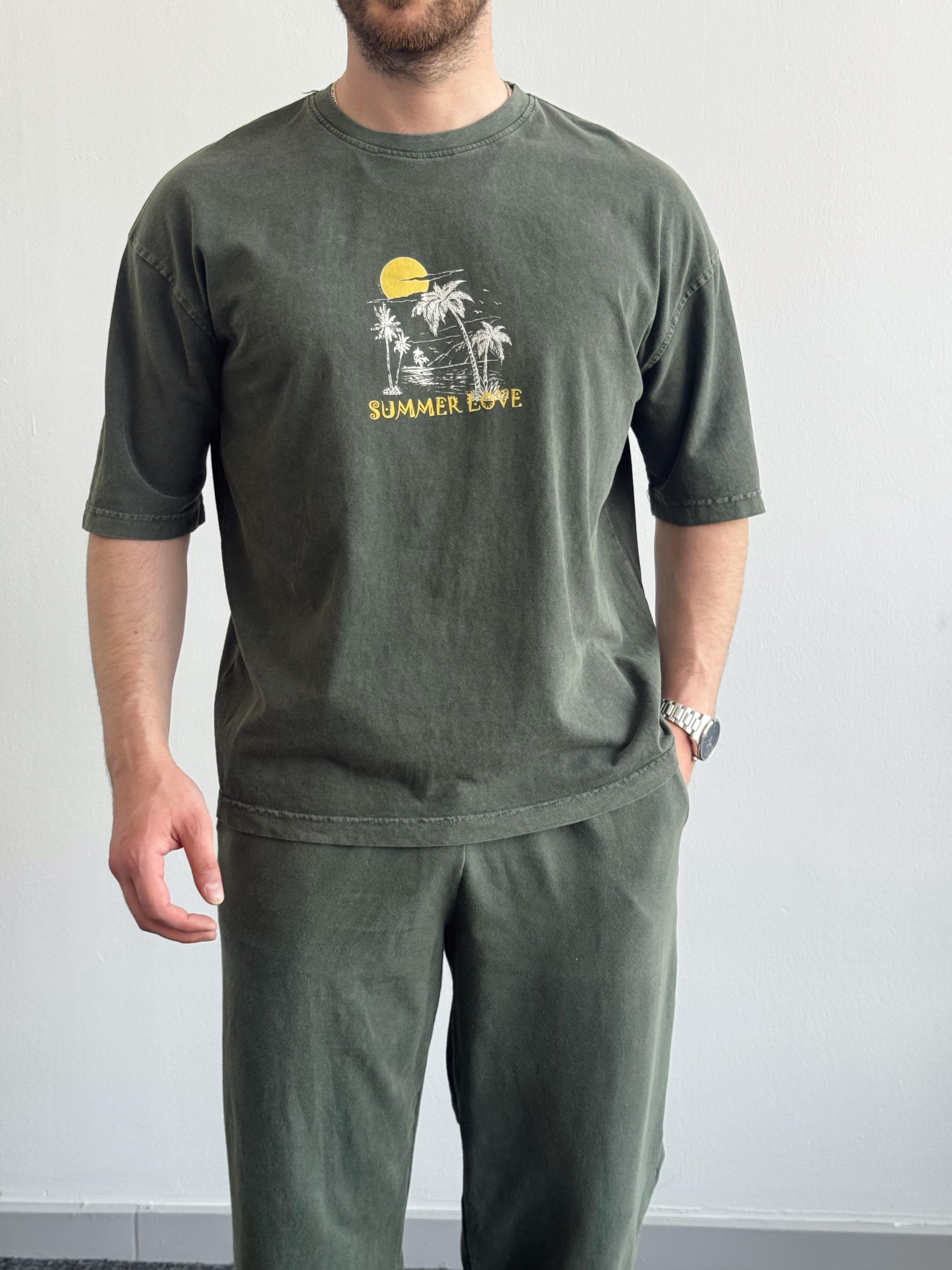 Erkek Yüksek Kalite Oversize Kalıp Bisiklet Yaka Summer Love Baskılı T-Shirt-Yeşil(E1419)