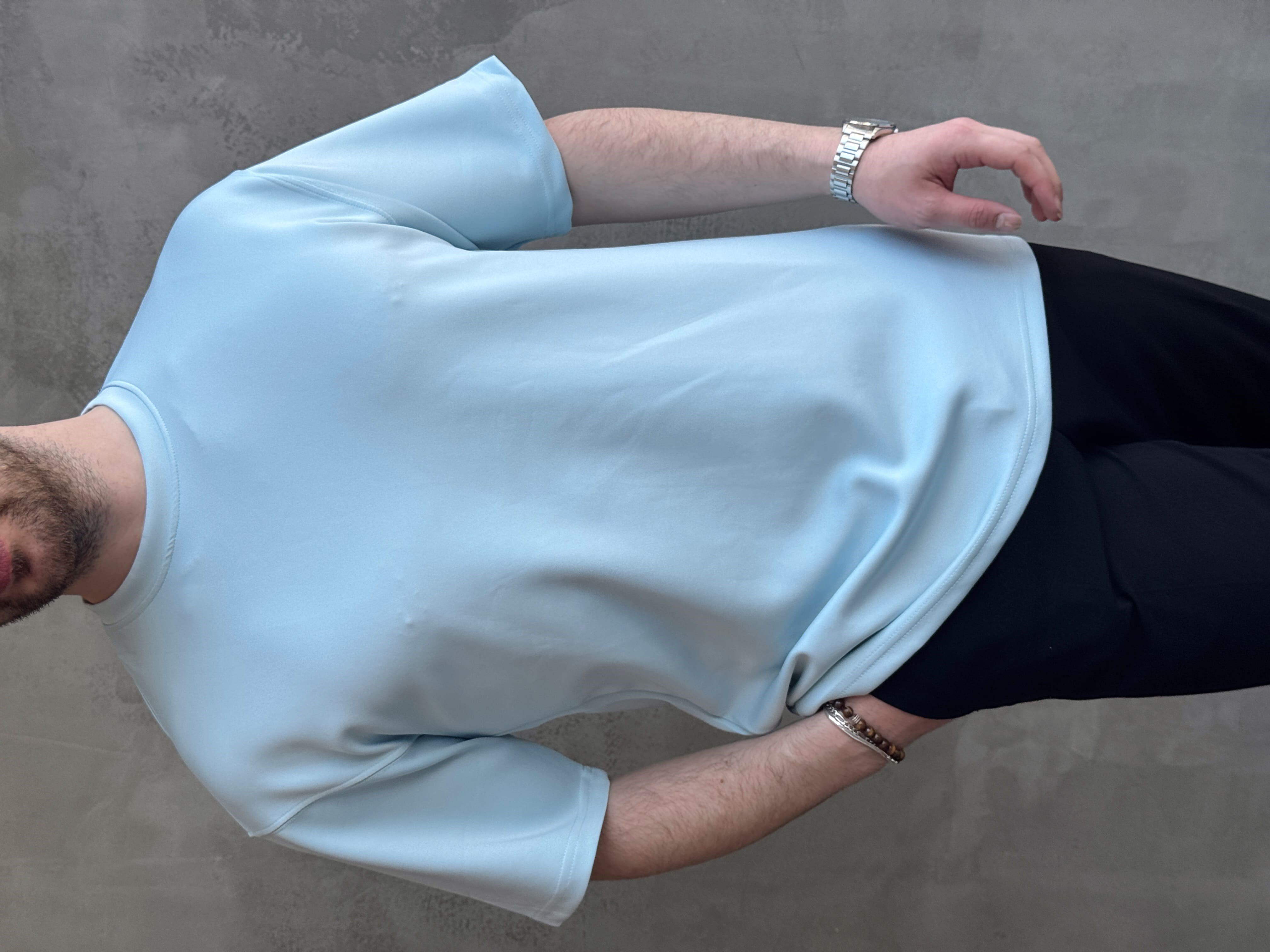 Erkek Yüksek Kalite Oversize Kalıp Bisiklet Yaka Yumuşak Dokulu Düz T-Shirt-Bebe Mavi(E1673)