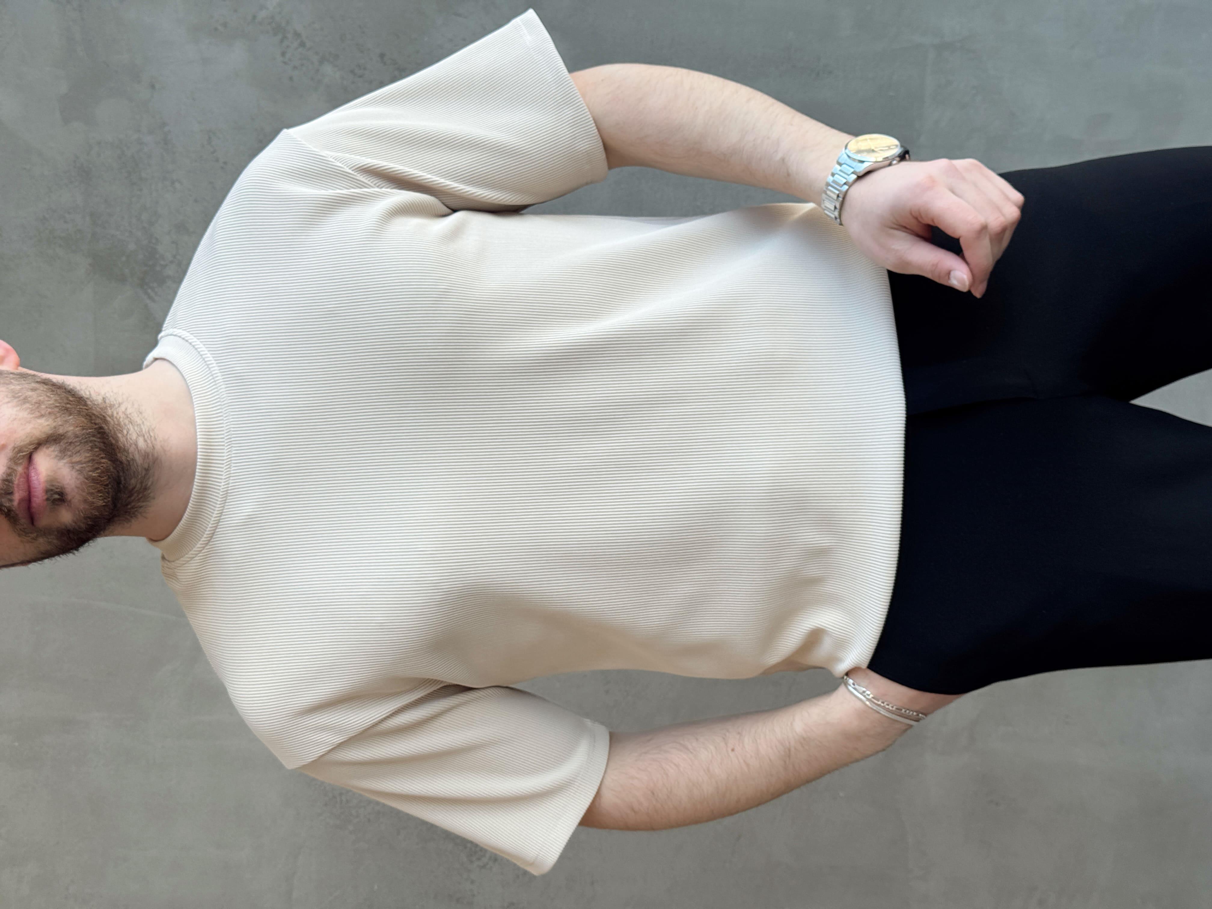 Erkek Yüksek Kalite Oversize Kalıp Bisiklet Yaka Fitil Detaylı T-Shirt-Bej(E1656)Ketench