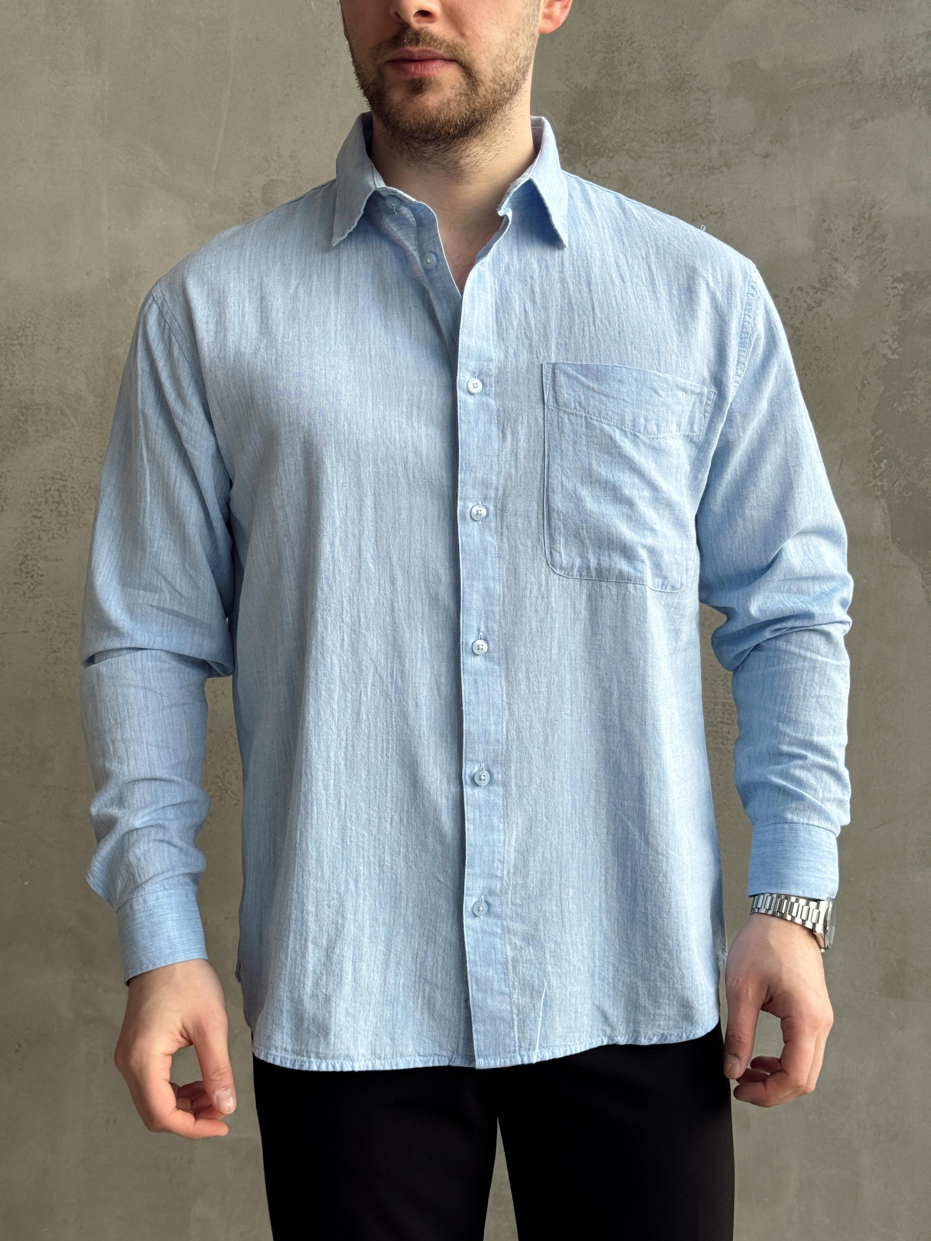 Erkek Yüksek Kalite Oversize Kalıp Cep Detaylı Keten Karışımlı Gömlek-Bebe Mavi(E1601)