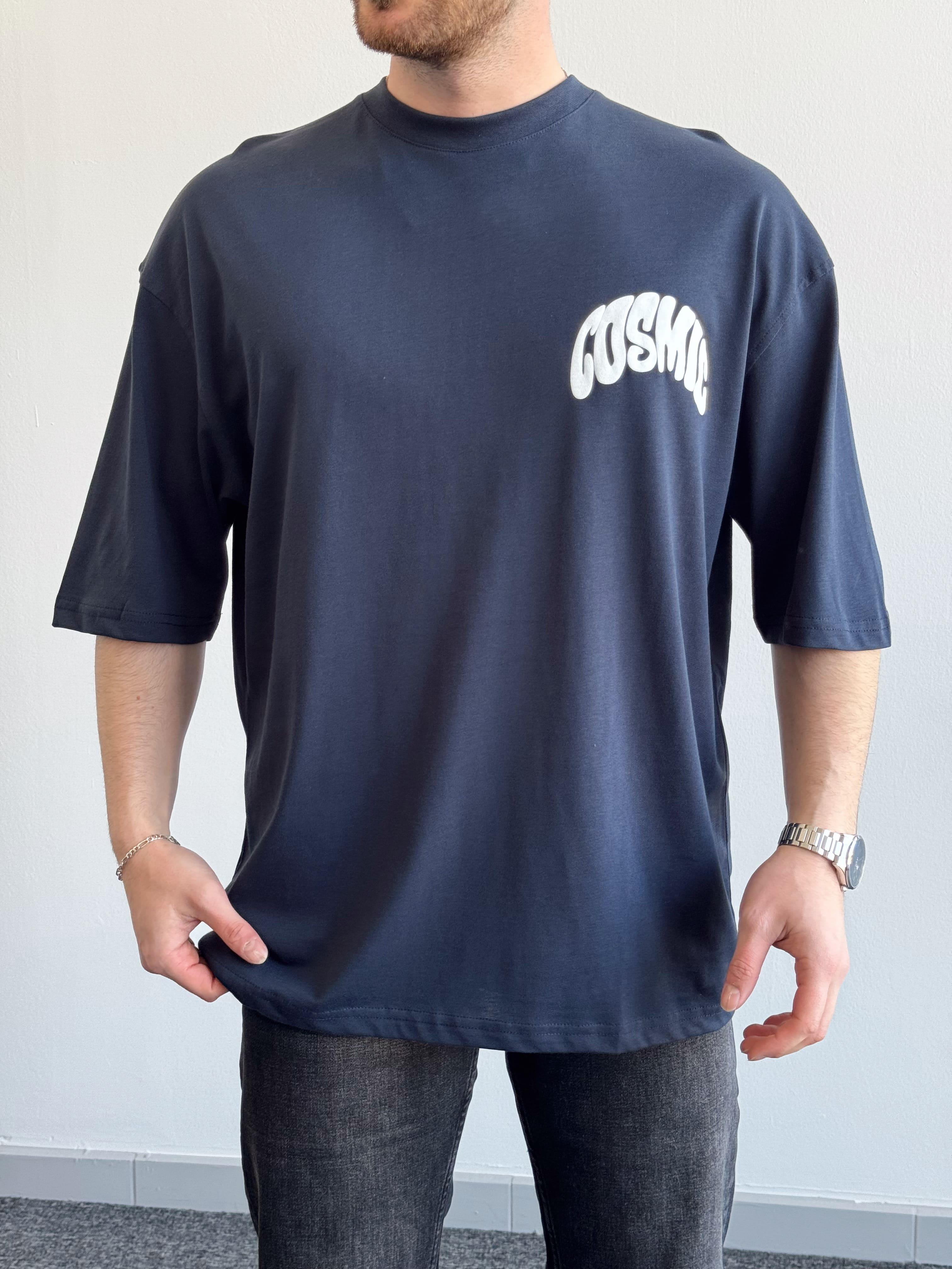 Erkek Yüksek Kalite Oversize Kalıp Cosmic Baskı Detay T-Shirt-Lacivert(E1371)