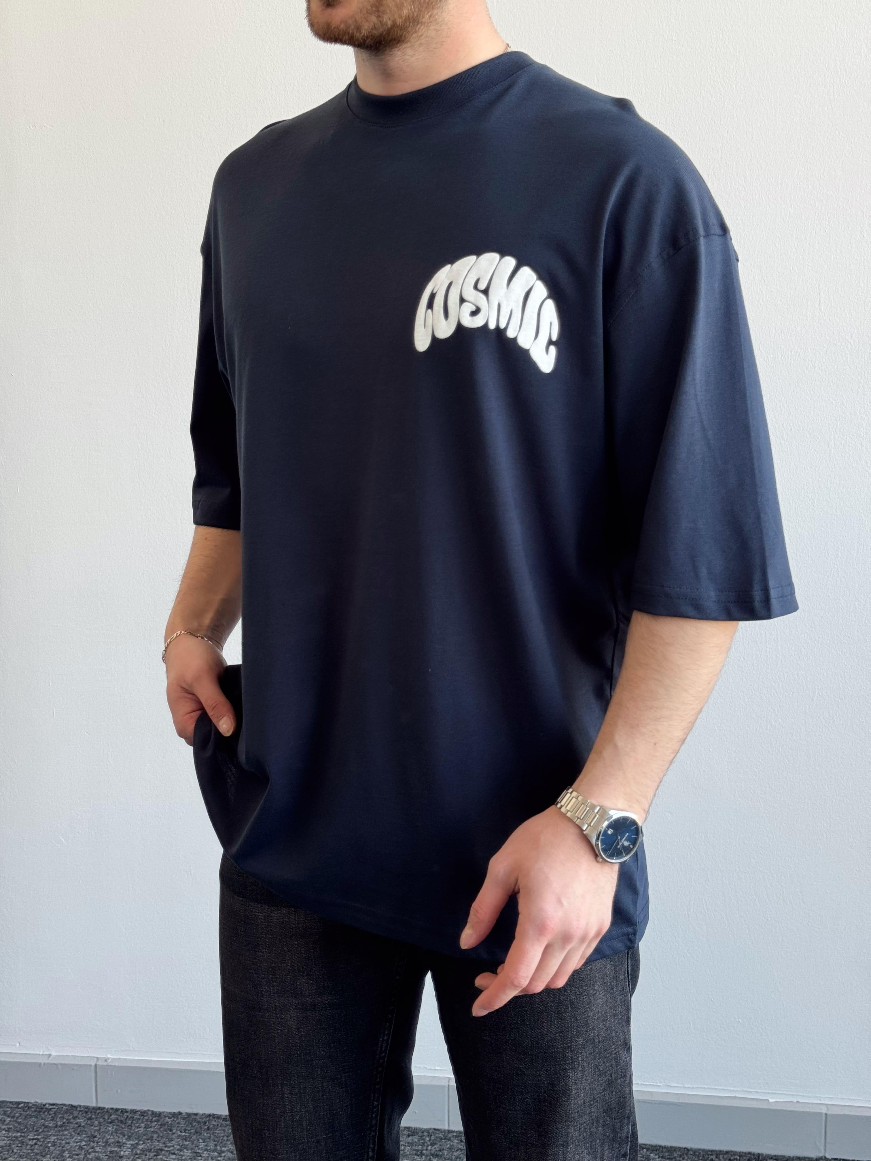 Erkek Yüksek Kalite Oversize Kalıp Cosmic Baskı Detay T-Shirt-Lacivert(E1371)