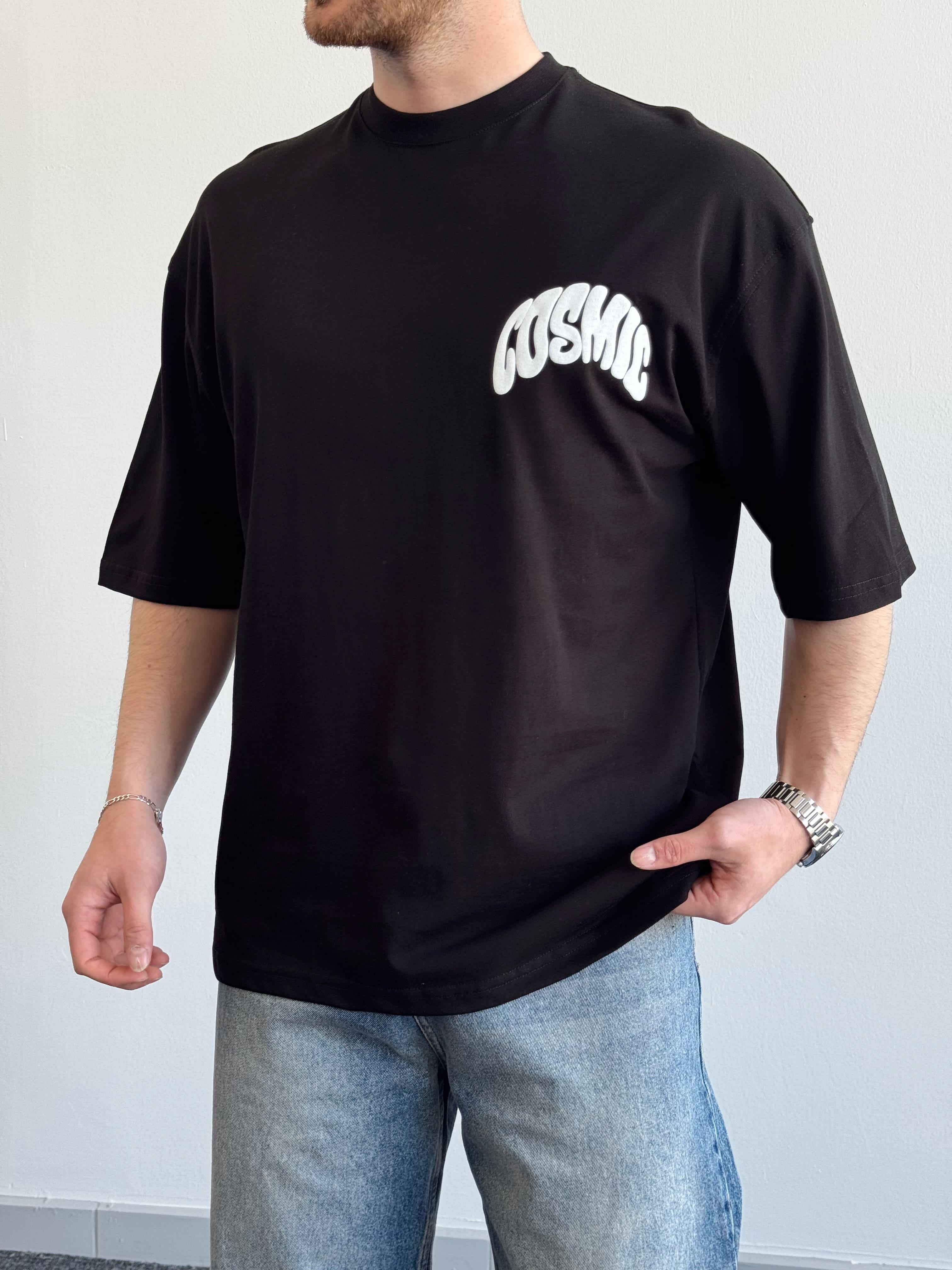 Erkek Yüksek Kalite Oversize Kalıp Cosmic Baskı Detay T-Shirt-Siyah(E1371)
