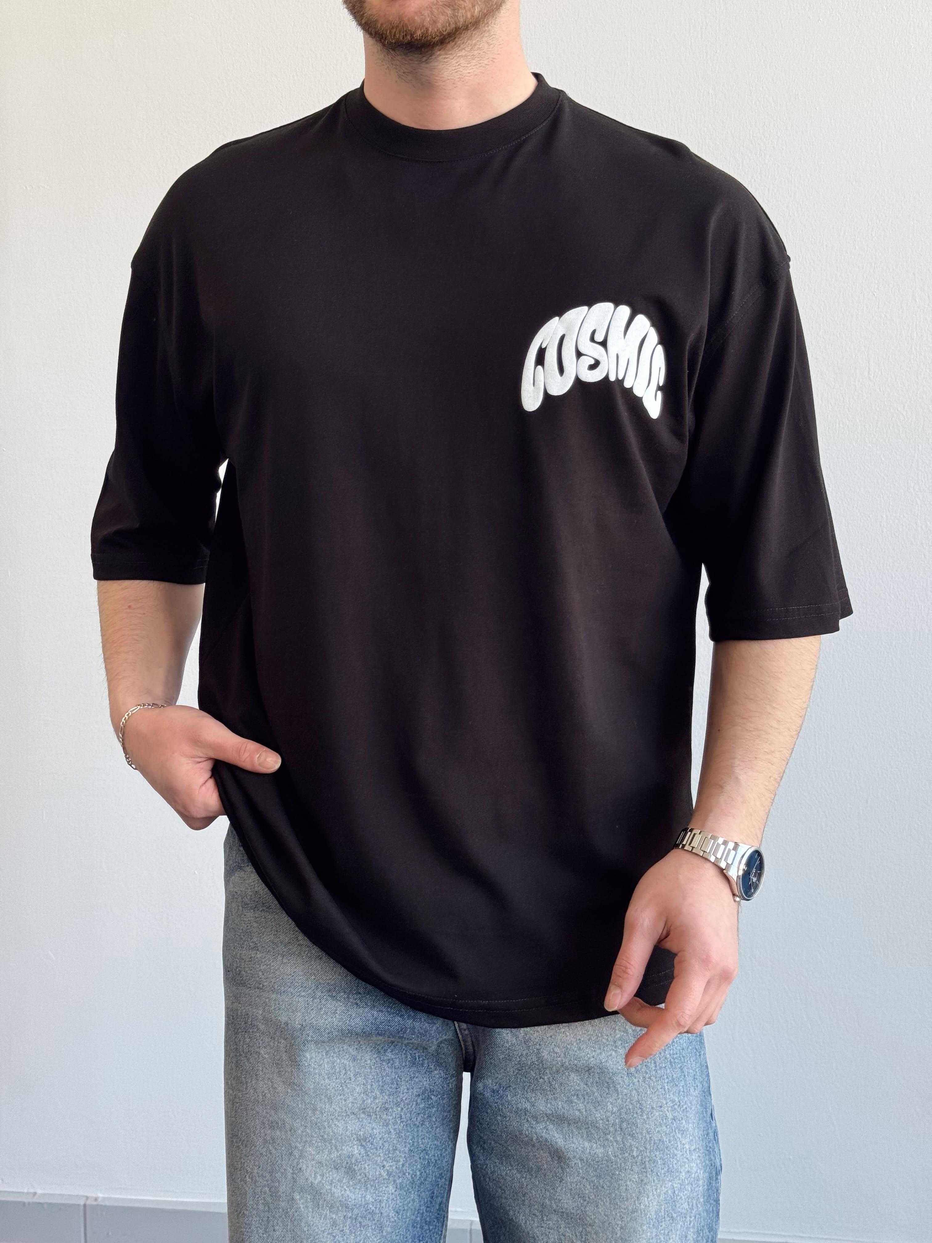 Erkek Yüksek Kalite Oversize Kalıp Cosmic Baskı Detay T-Shirt-Siyah(E1371)