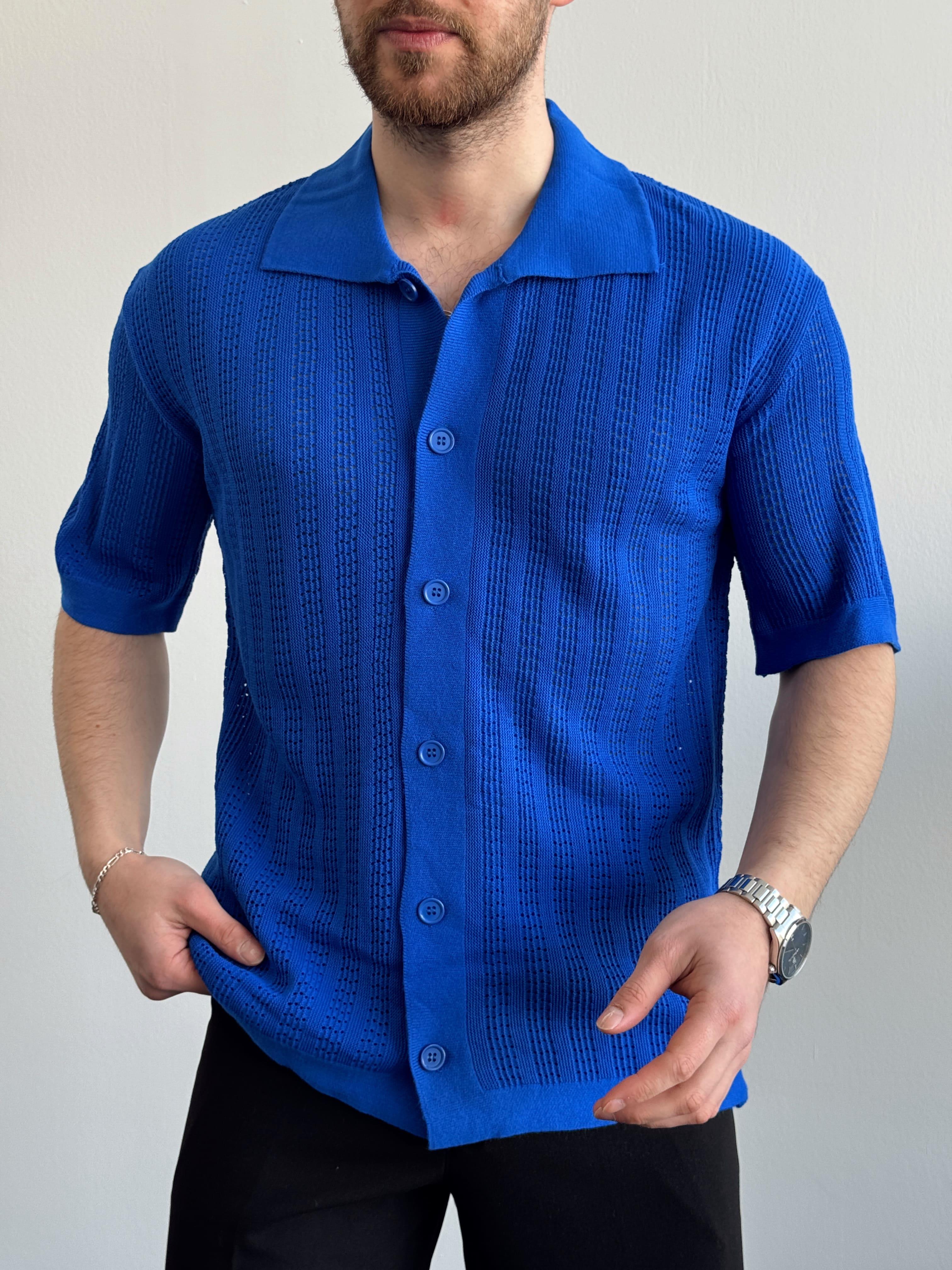 Erkek Yüksek Kalite Oversize Kalıp Desenli Yaka Detay Triko Hırka-Saks(E1292)