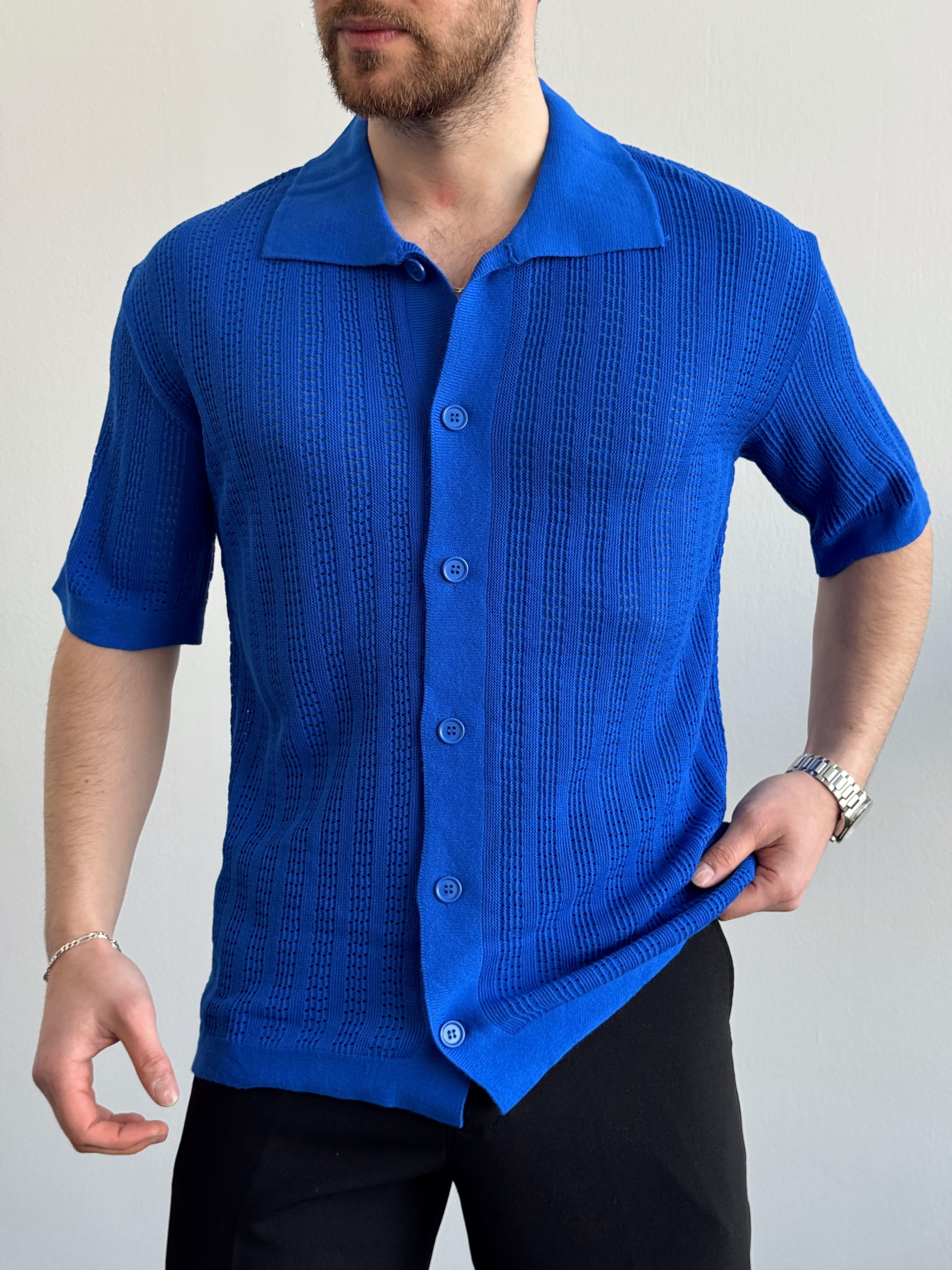 Erkek Yüksek Kalite Oversize Kalıp Desenli Yaka Detay Triko Hırka-Saks(E1292)