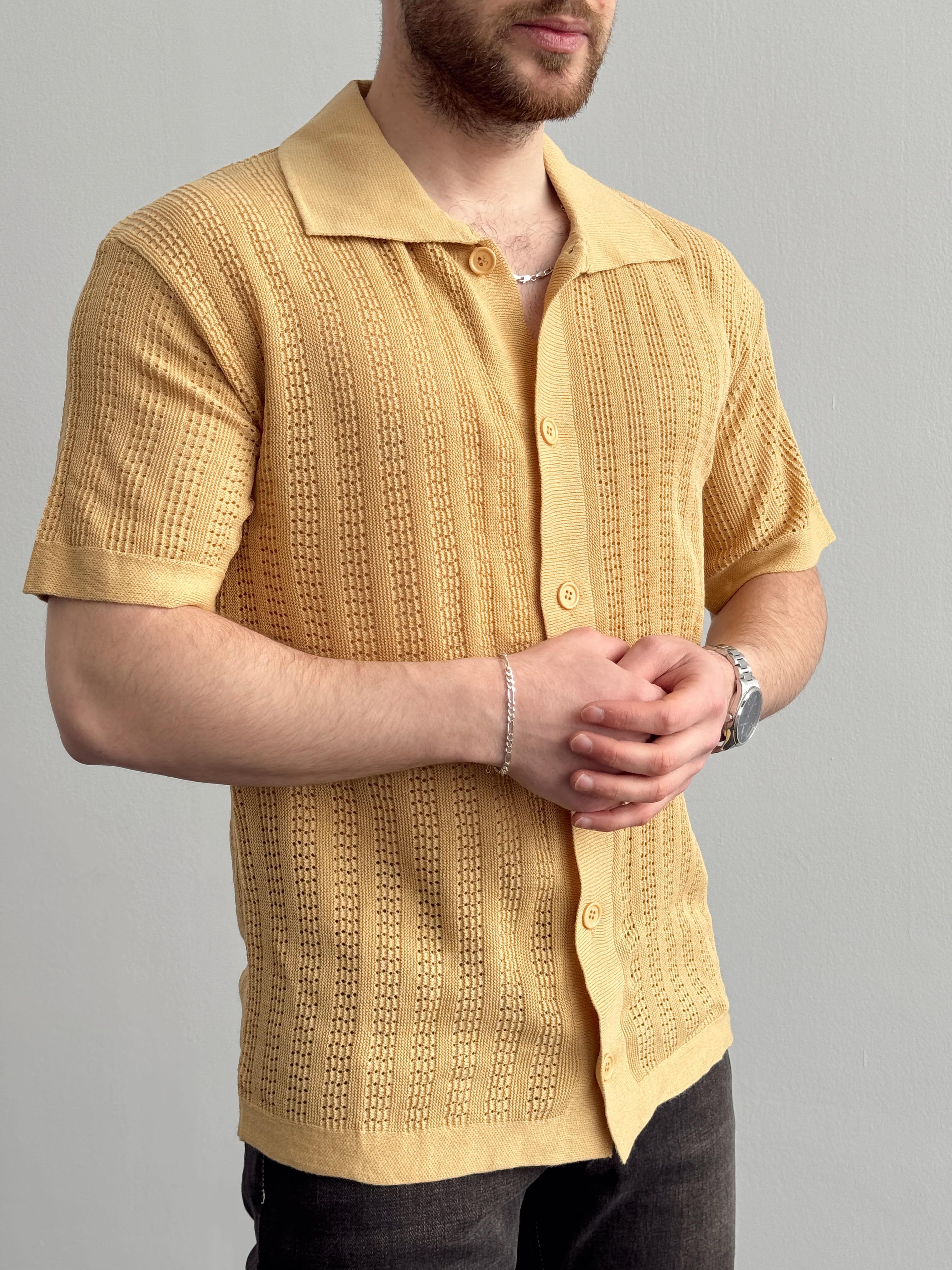 Erkek Yüksek Kalite Oversize Kalıp Desenli Yaka Detay Triko Hırka-Hardal(E1292)