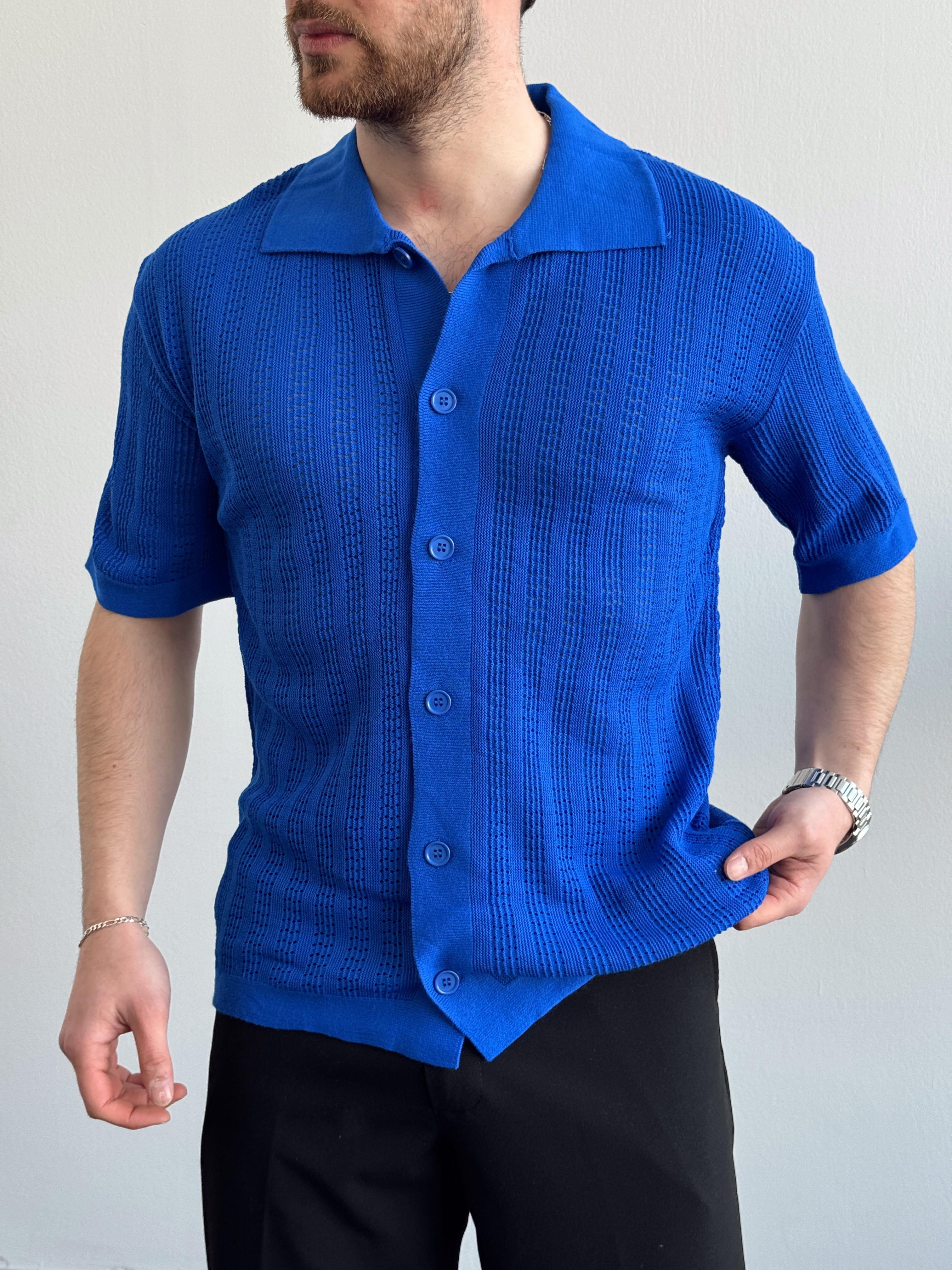 Erkek Yüksek Kalite Oversize Kalıp Desenli Yaka Detay Triko Hırka-Saks(E1292)Ketench