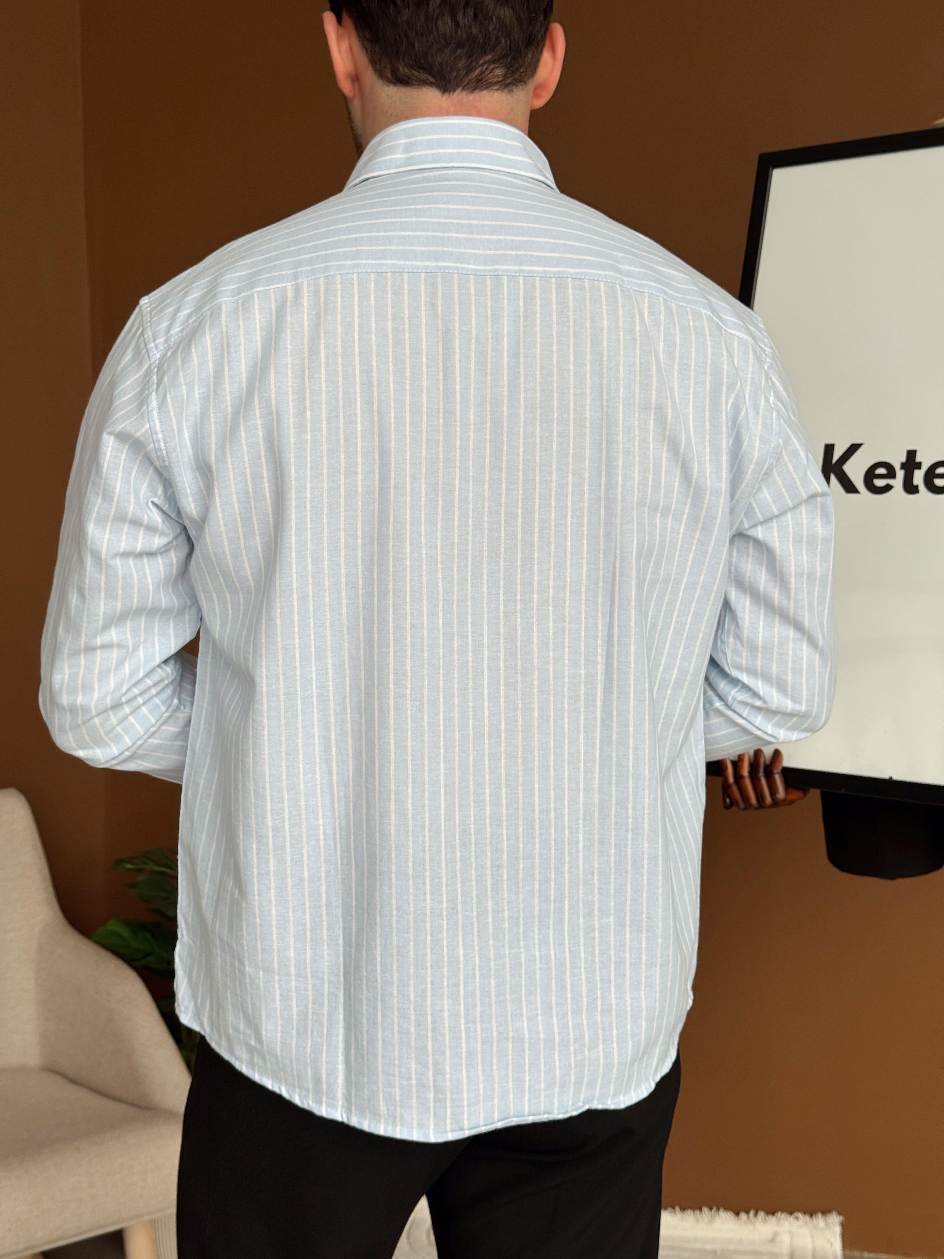 Erkek Yüksek Kalite Oversize Kalıp Dökümlü İnce Çizgi Detaylı %100 Pamuk Gömlek-Bebe Mavi(E1603)