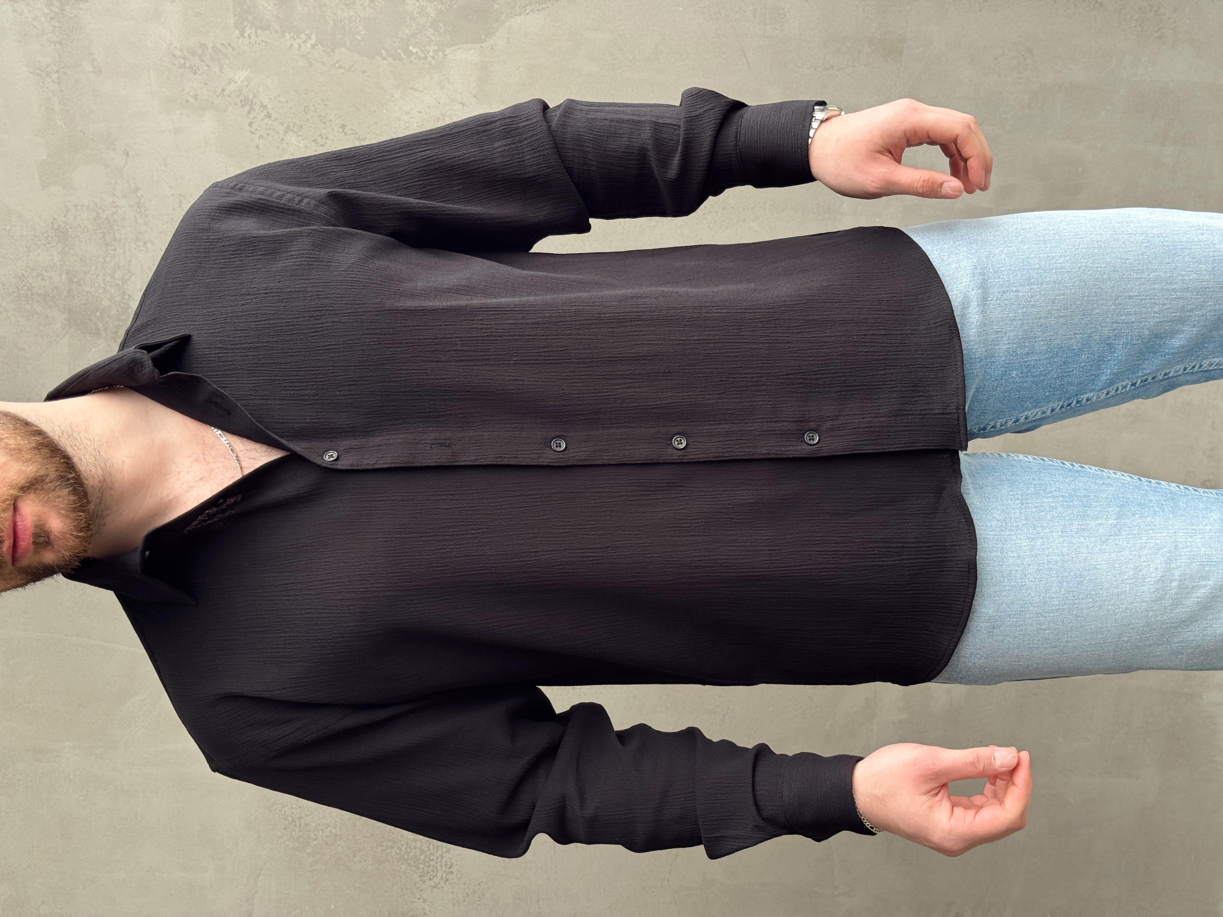 Erkek Yüksek Kalite Oversize Kalıp Dökümlü %100 Pamuk Krinkıl Gömlek-Siyah(E1598)