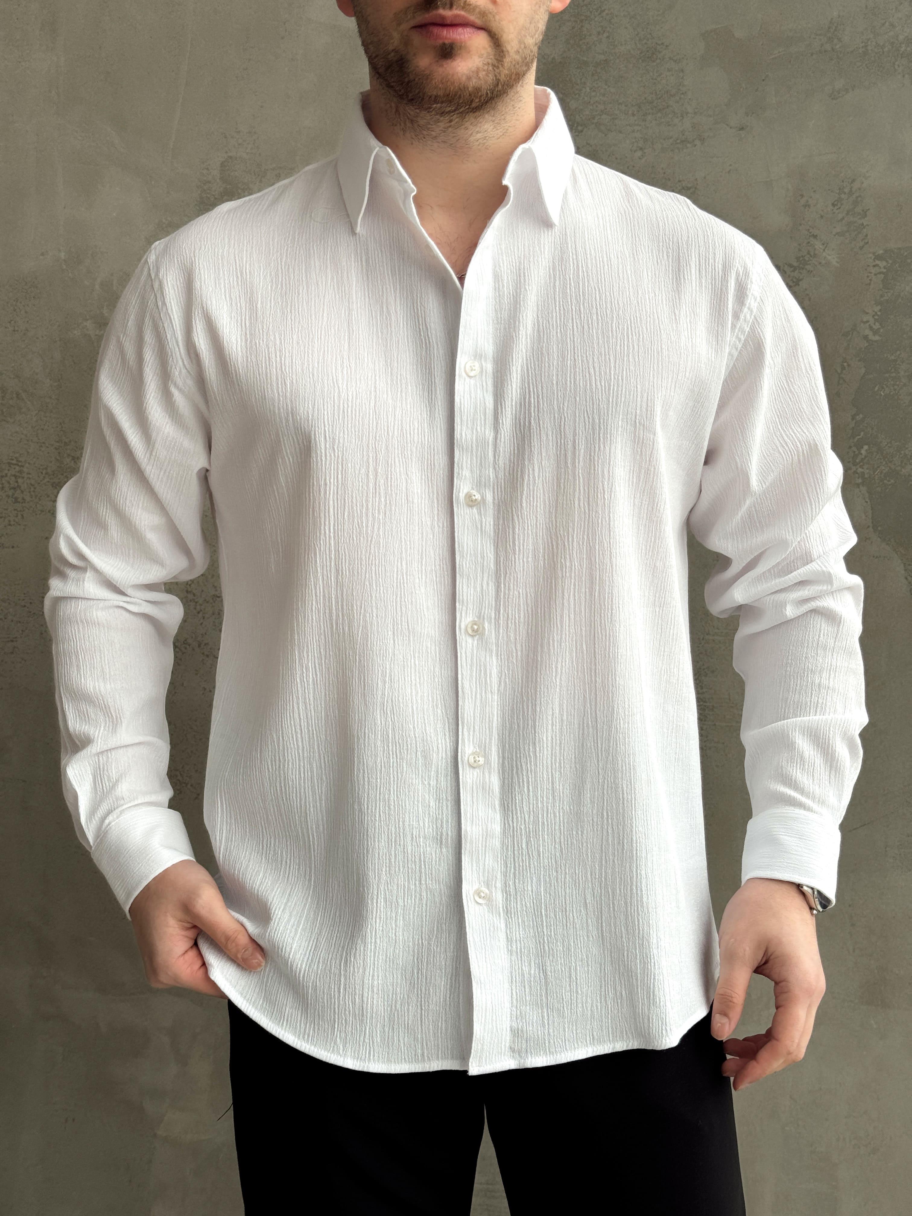 Erkek Yüksek Kalite Oversize Kalıp Dökümlü %100 Pamuk Krinkıl Gömlek-Beyaz(E1598)Ketench