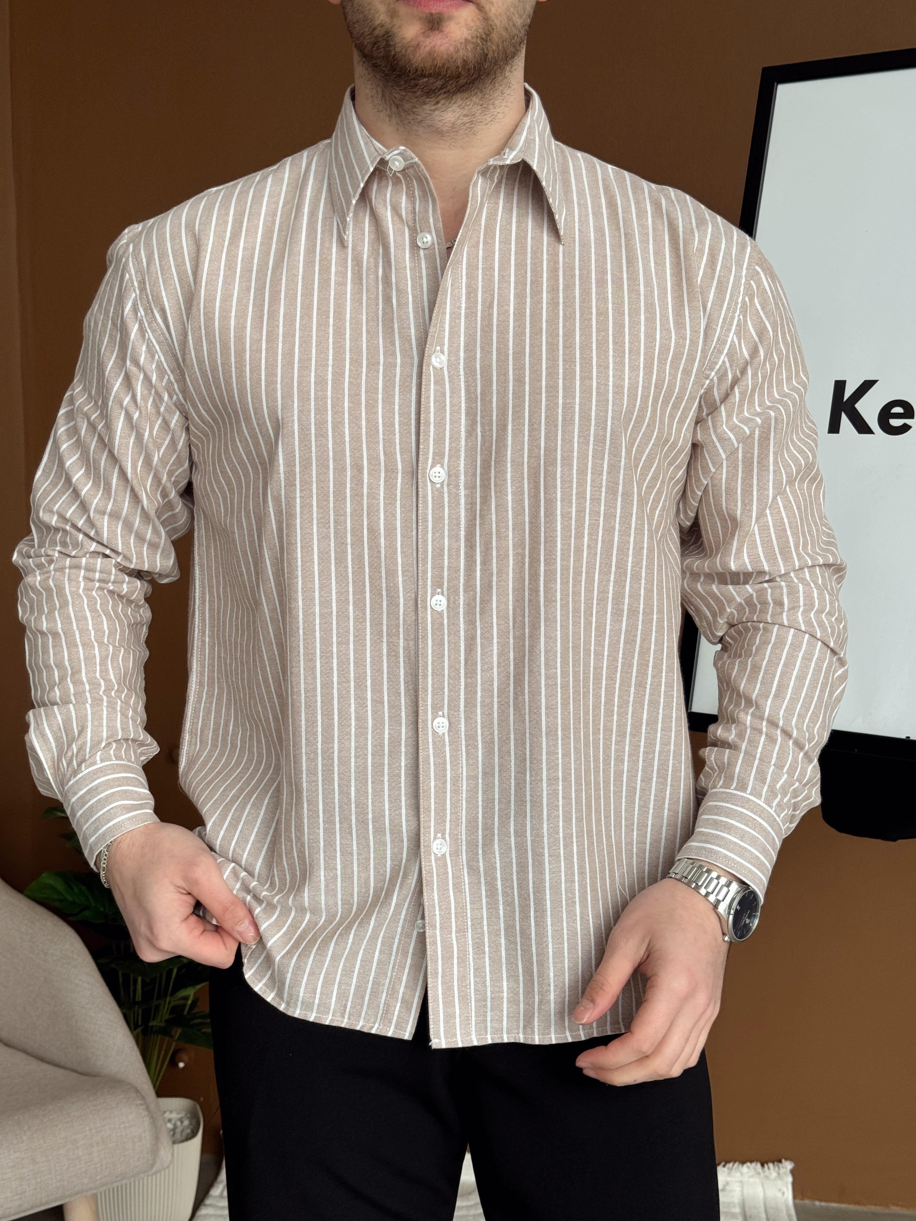 Erkek Yüksek Kalite Oversize Kalıp Dökümlü İnce Çizgi Detaylı %100 Pamuk Gömlek-Bej(E1603)Ketench