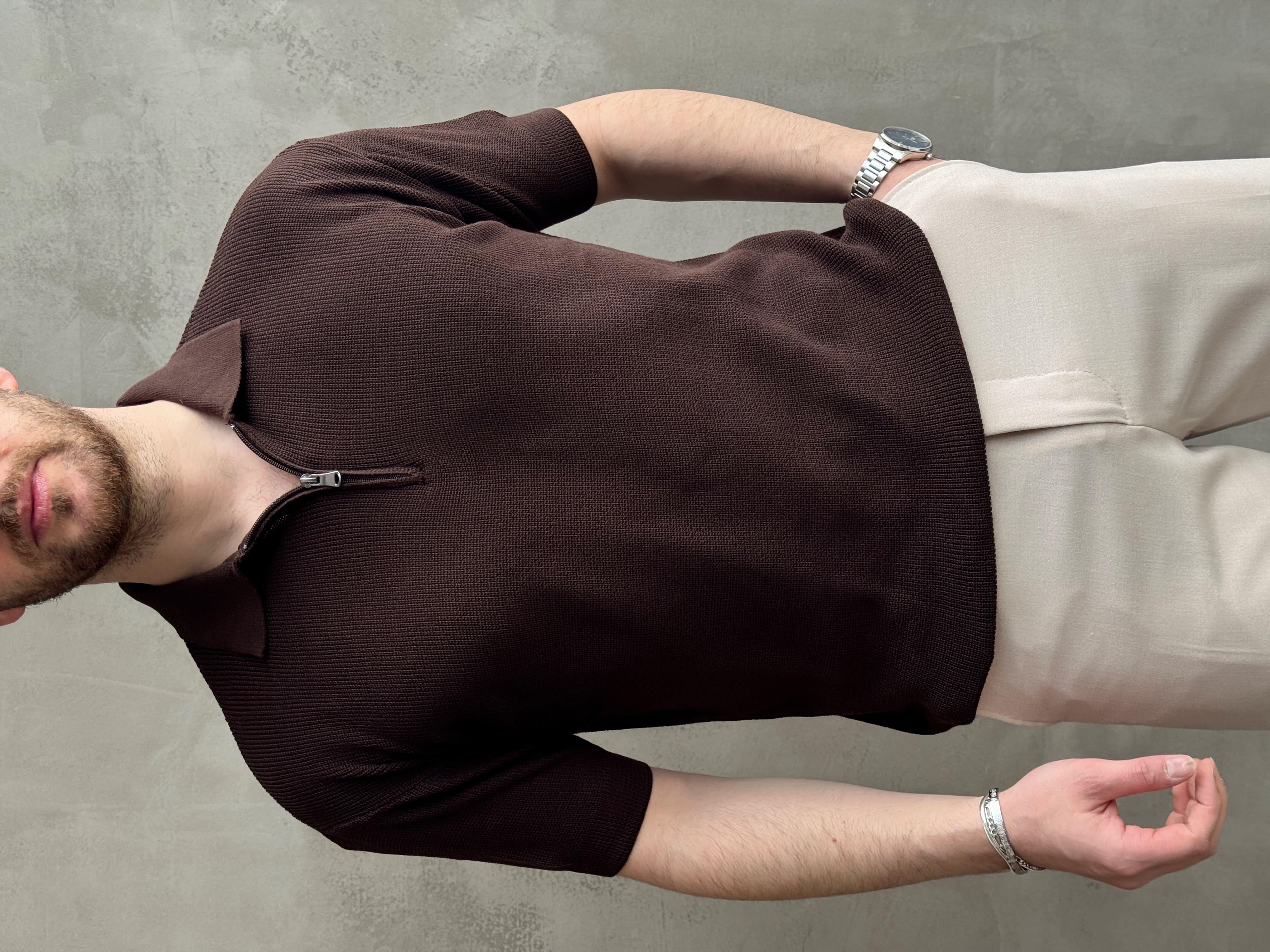 Erkek Yüksek Kalite Oversize Kalıp Fermuar Detaylı Polo Yaka Triko T-Shirt-Barut(E1610)
